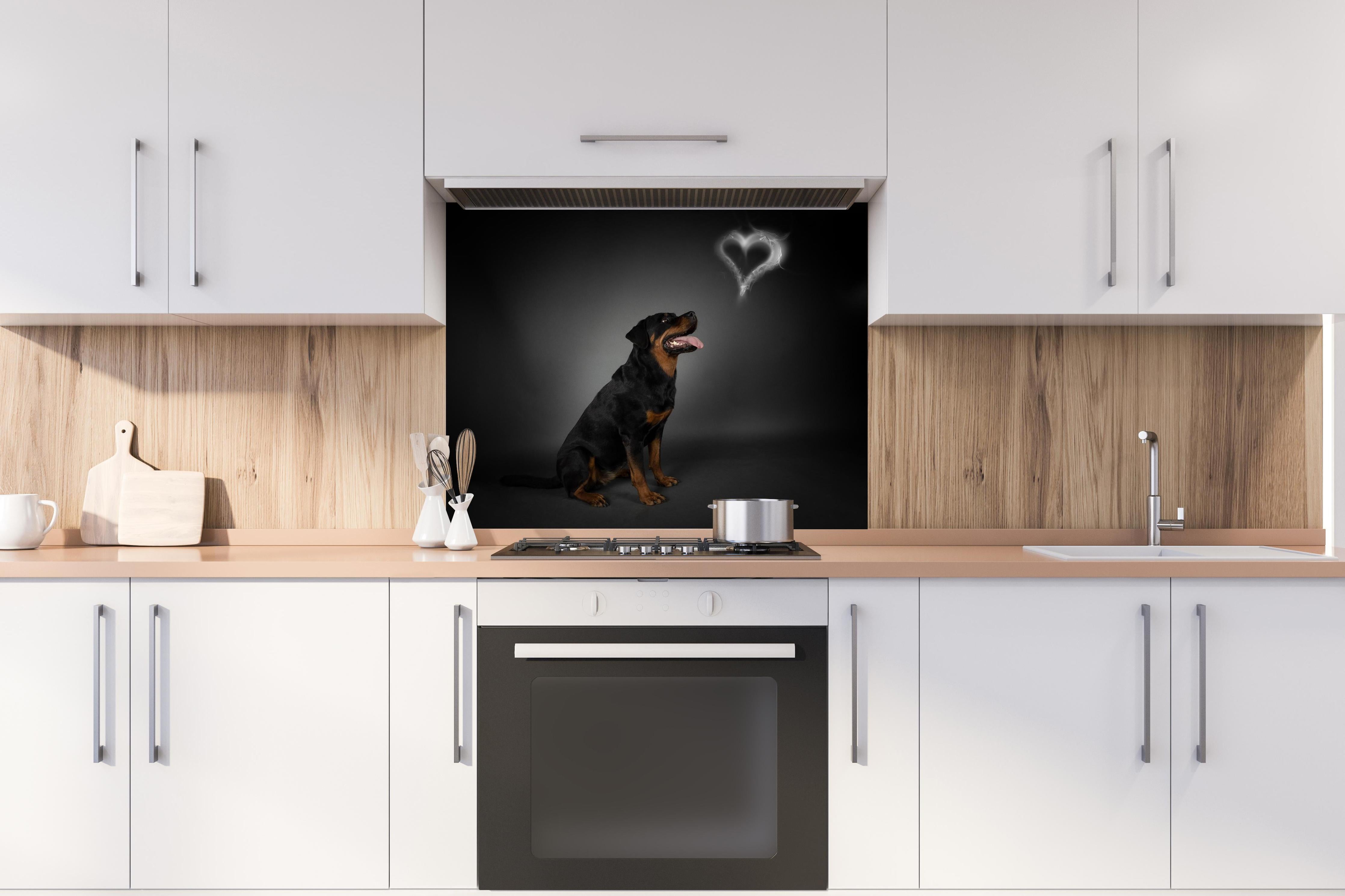 Spritzschutz - Rottweiler sitzend mit Blick auf Herz hinter einem Cerankochfeld zwischen Holz-Kochutensilien