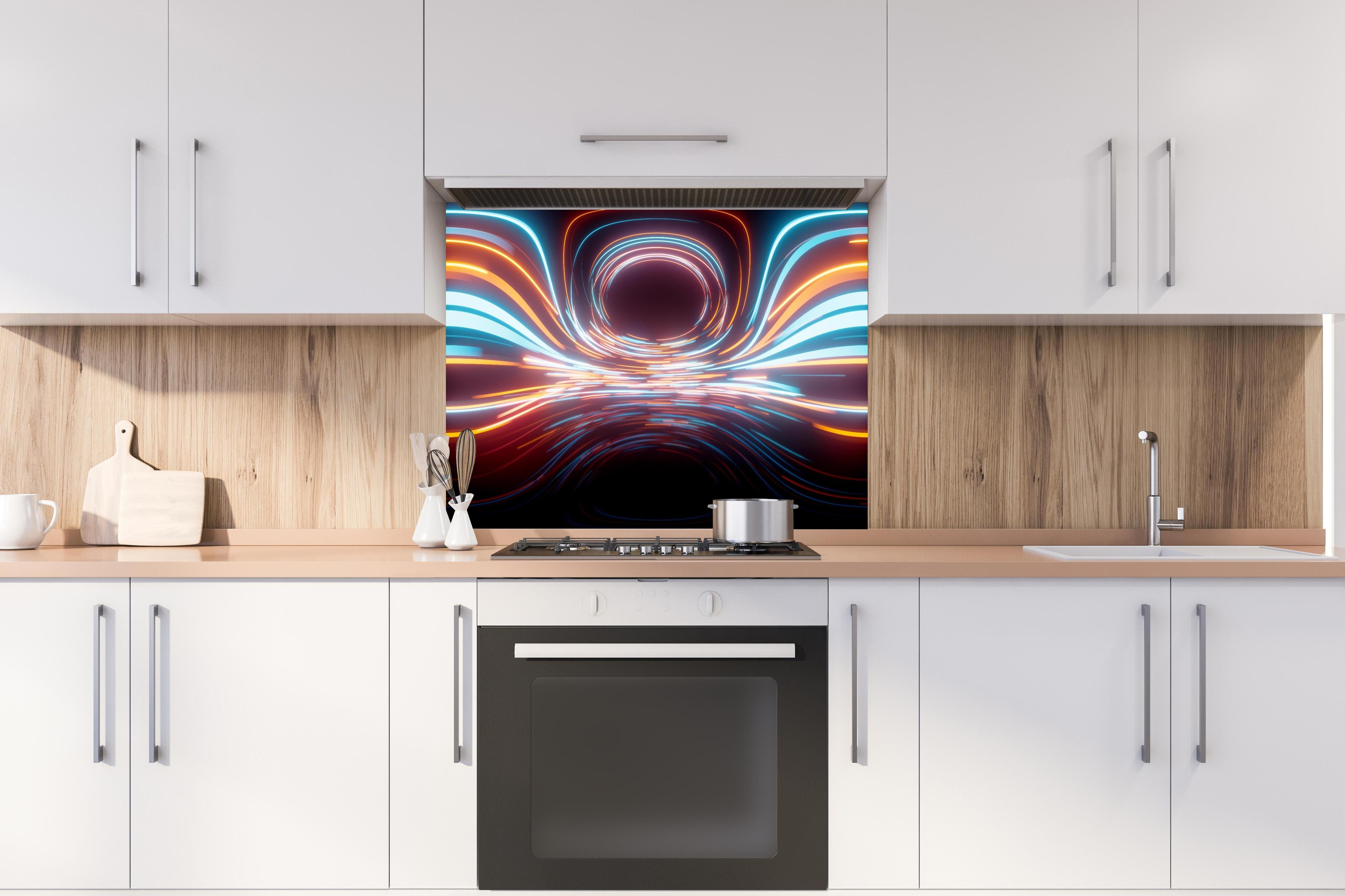 Spritzschutz - Rundum Lichtlinien mit Motion Blur Effekt hinter einem Cerankochfeld zwischen Holz-Kochutensilien