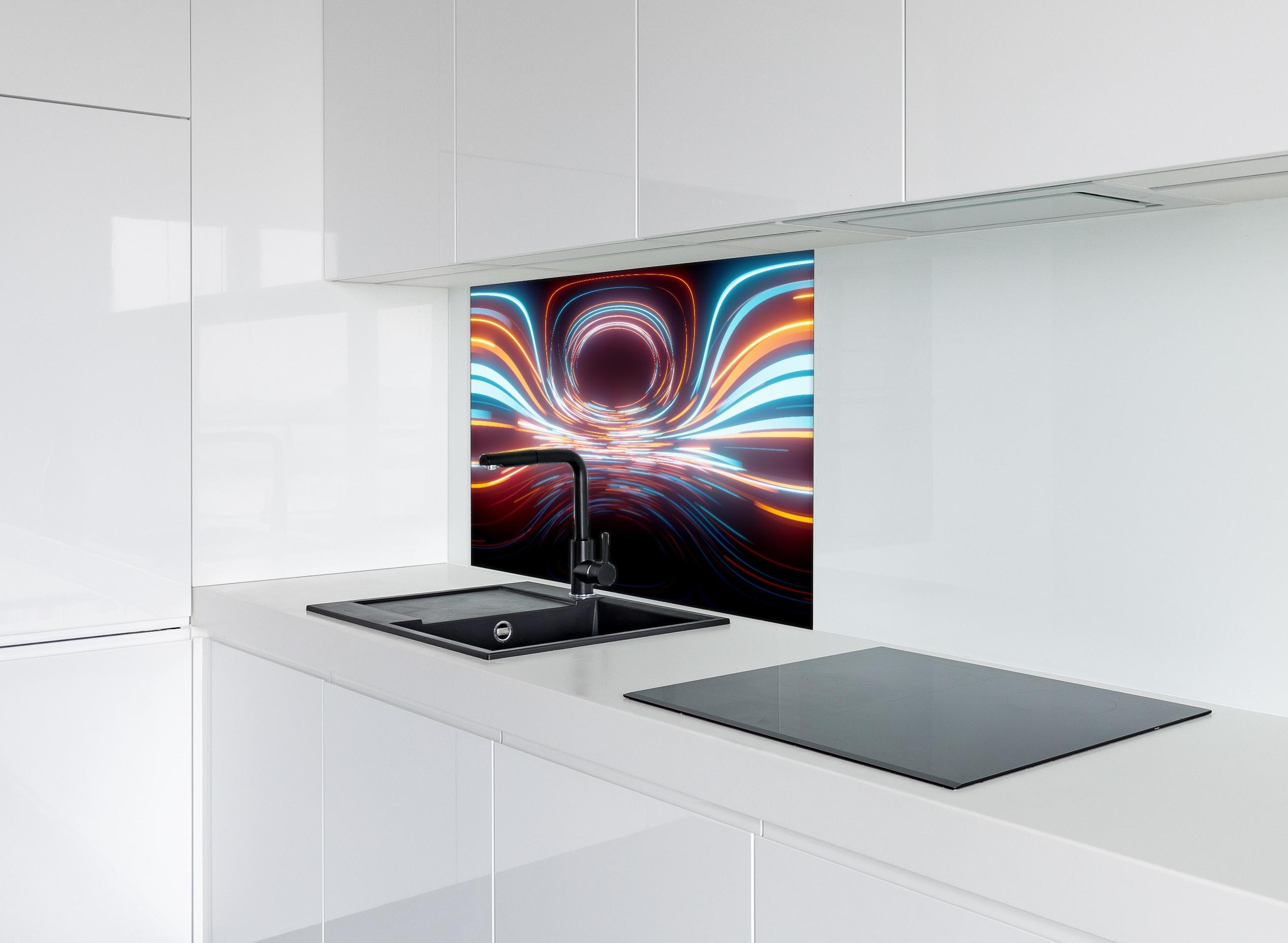 Spritzschutz - Rundum Lichtlinien mit Motion Blur Effekt hinter einem Cerankochfeld zwischen Holz-Kochutensilien