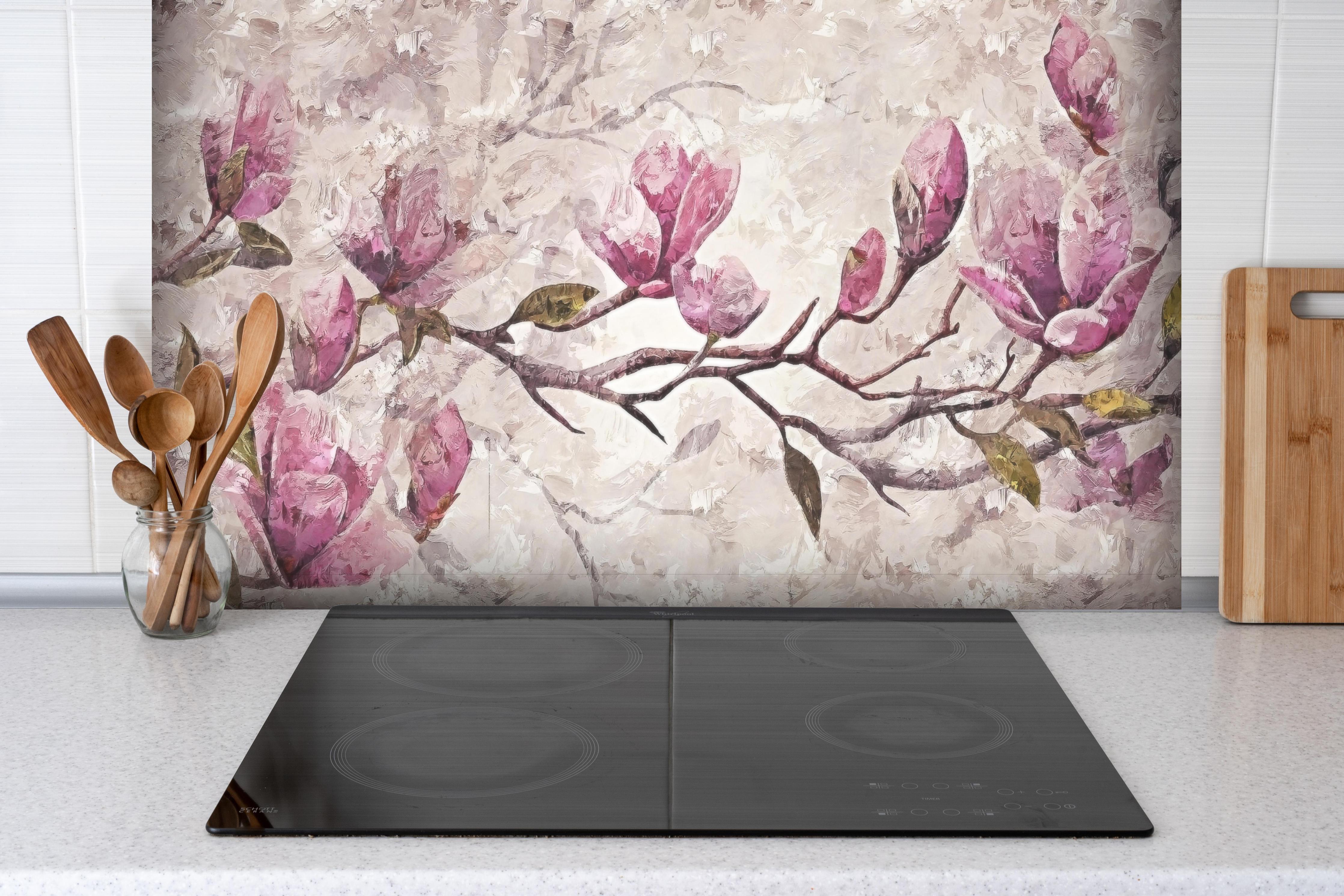 Spritzschutz - Sakura Baum - Gemälde hinter einem Cerankochfeld zwischen Holz-Kochutensilien