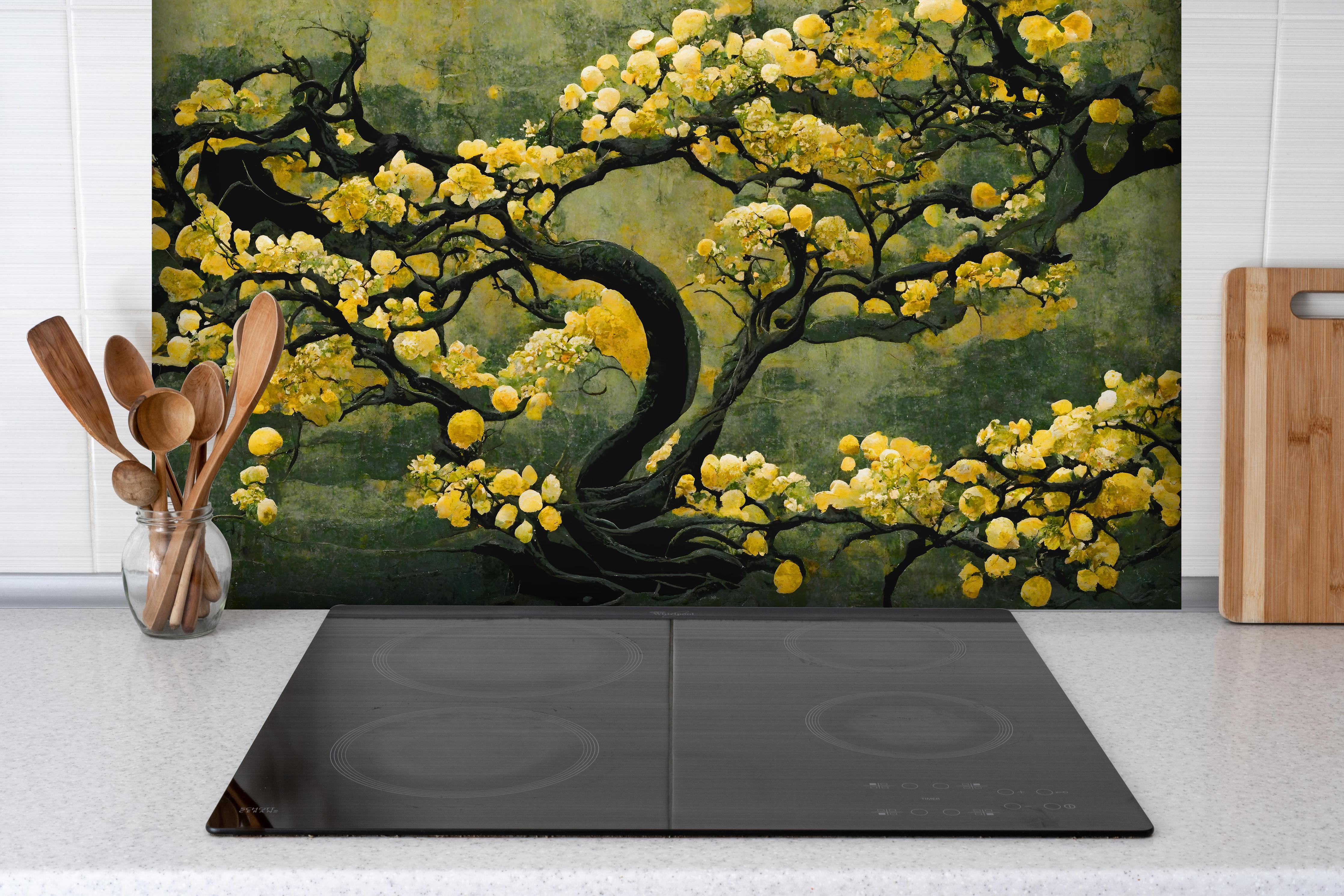 Spritzschutz - Sakura Baum - Japan hinter einem Cerankochfeld zwischen Holz-Kochutensilien