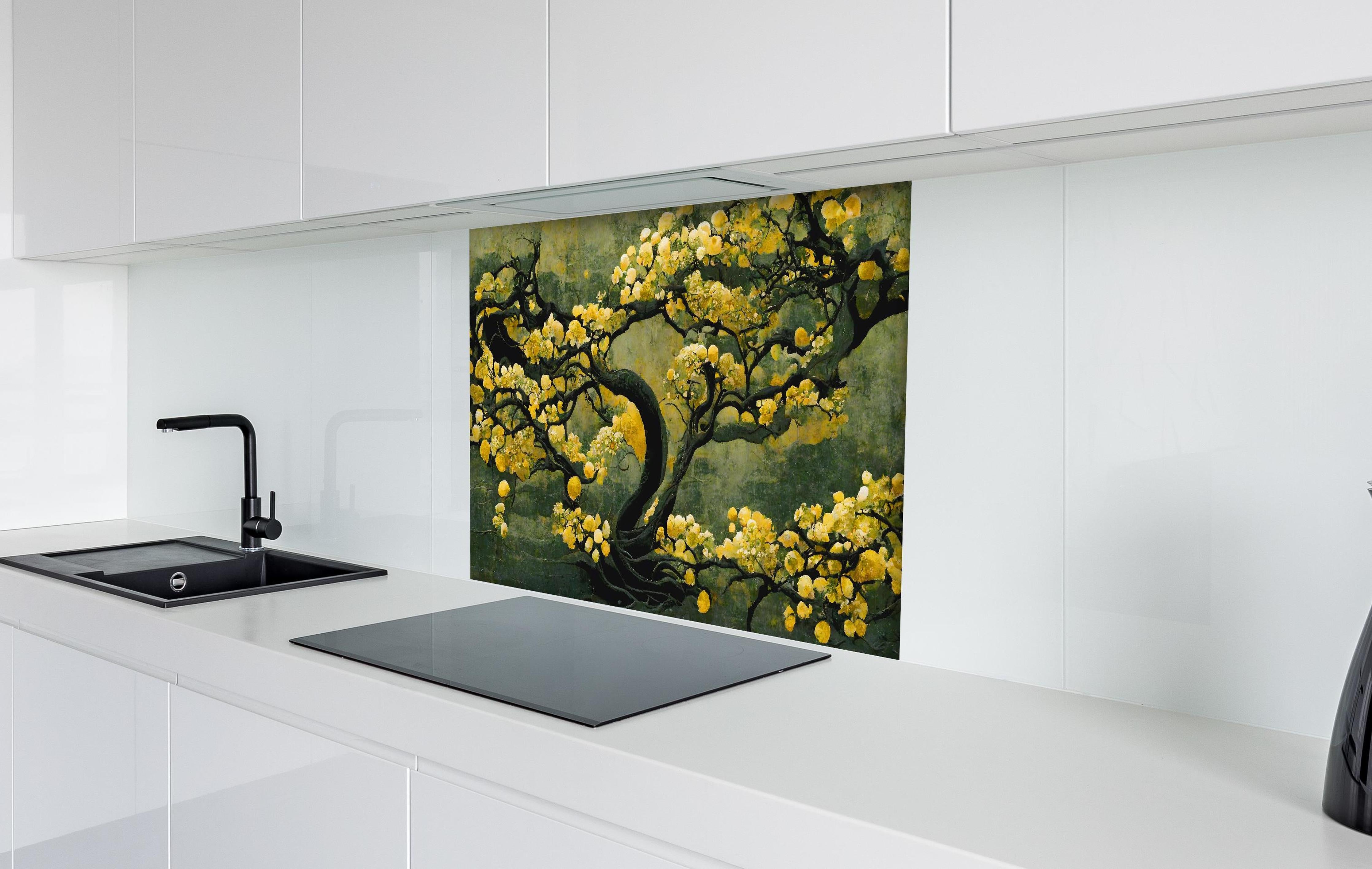 Spritzschutz - Sakura Baum - Japan hinter einem Cerankochfeld zwischen Holz-Kochutensilien