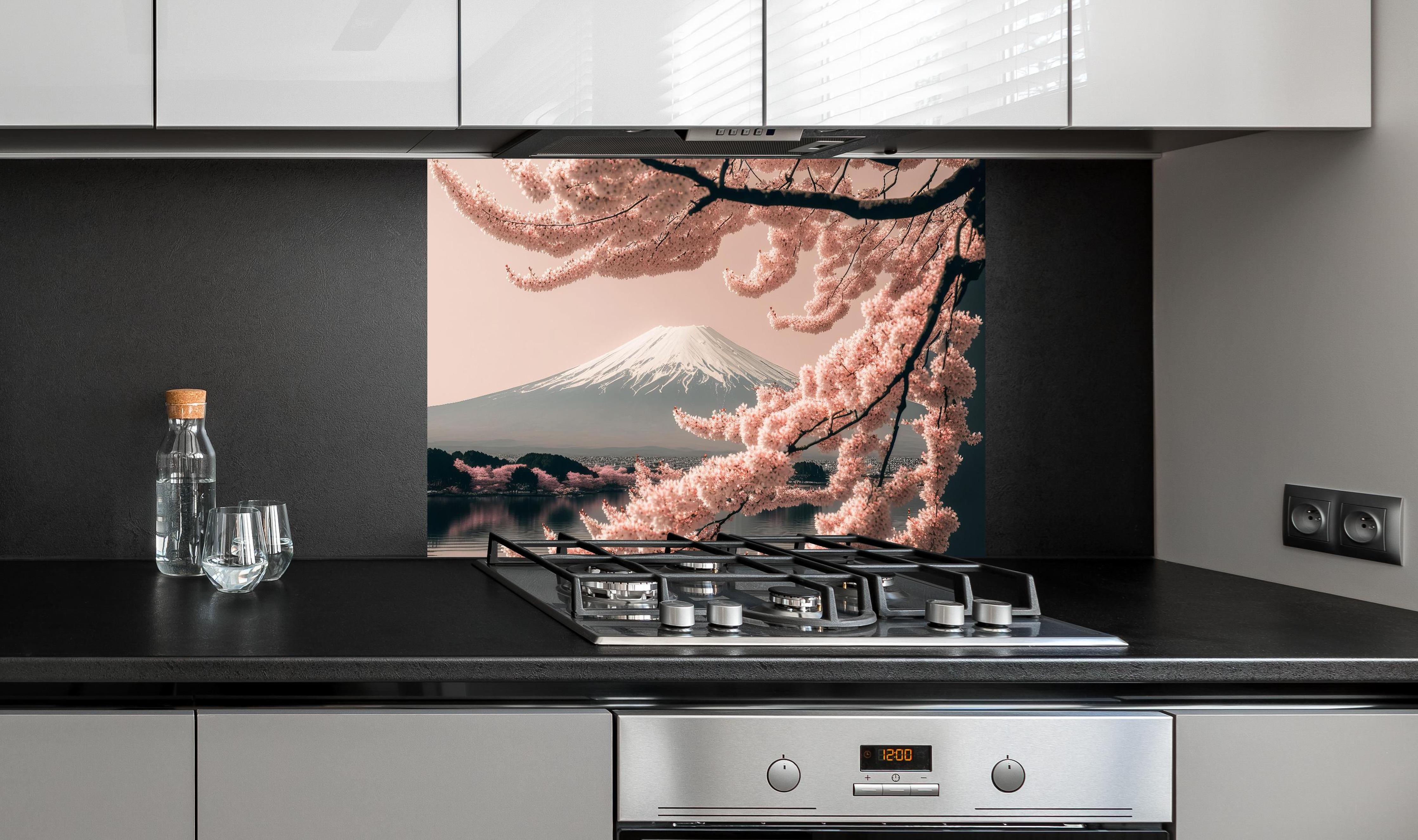 Spritzschutz - Sakura Baum mit Fuji Berg im Hintergrund hinter einem Cerankochfeld zwischen Holz-Kochutensilien