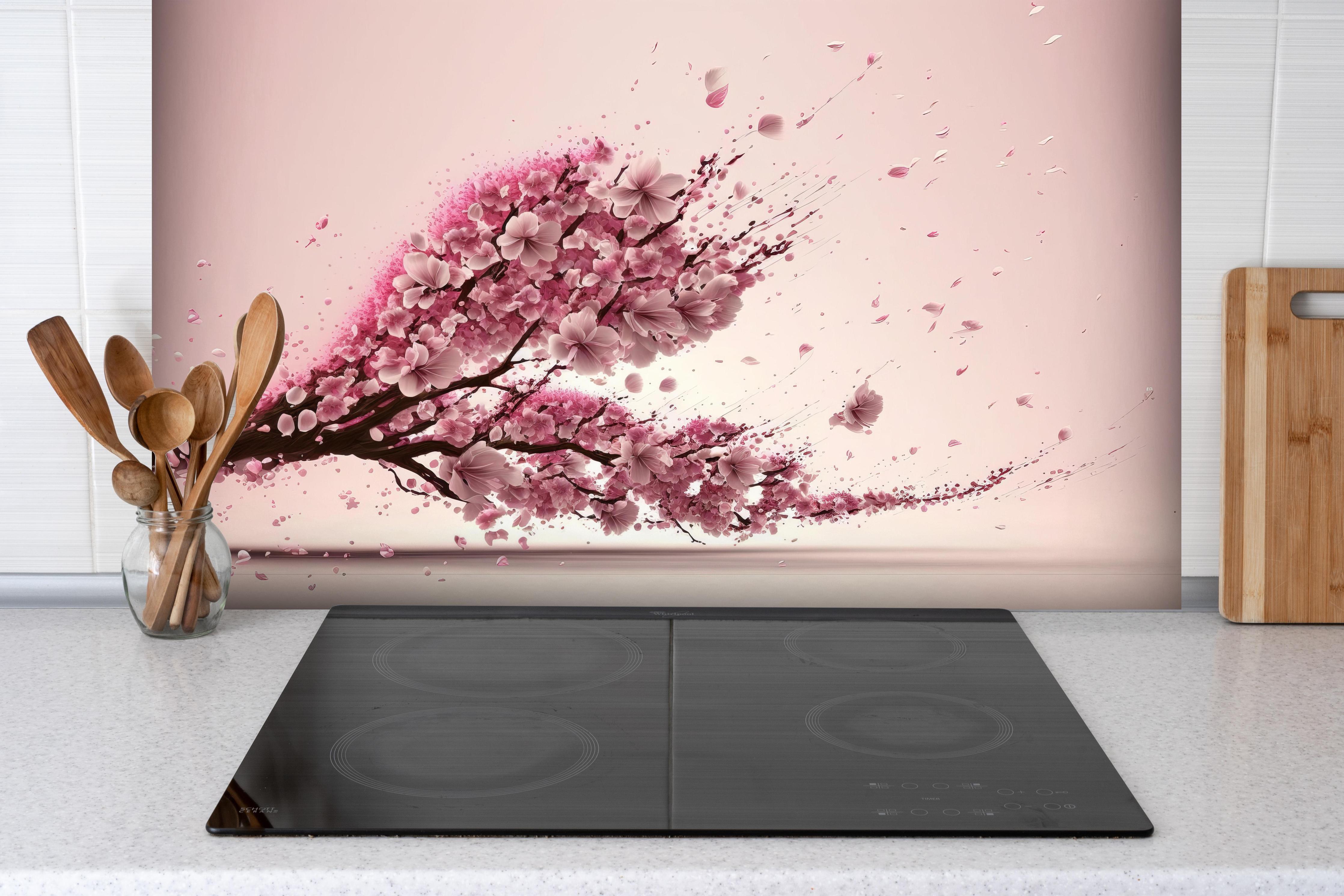 Spritzschutz - Sakura Blüte Rosa Dynamische Tintenkunst hinter einem Cerankochfeld zwischen Holz-Kochutensilien