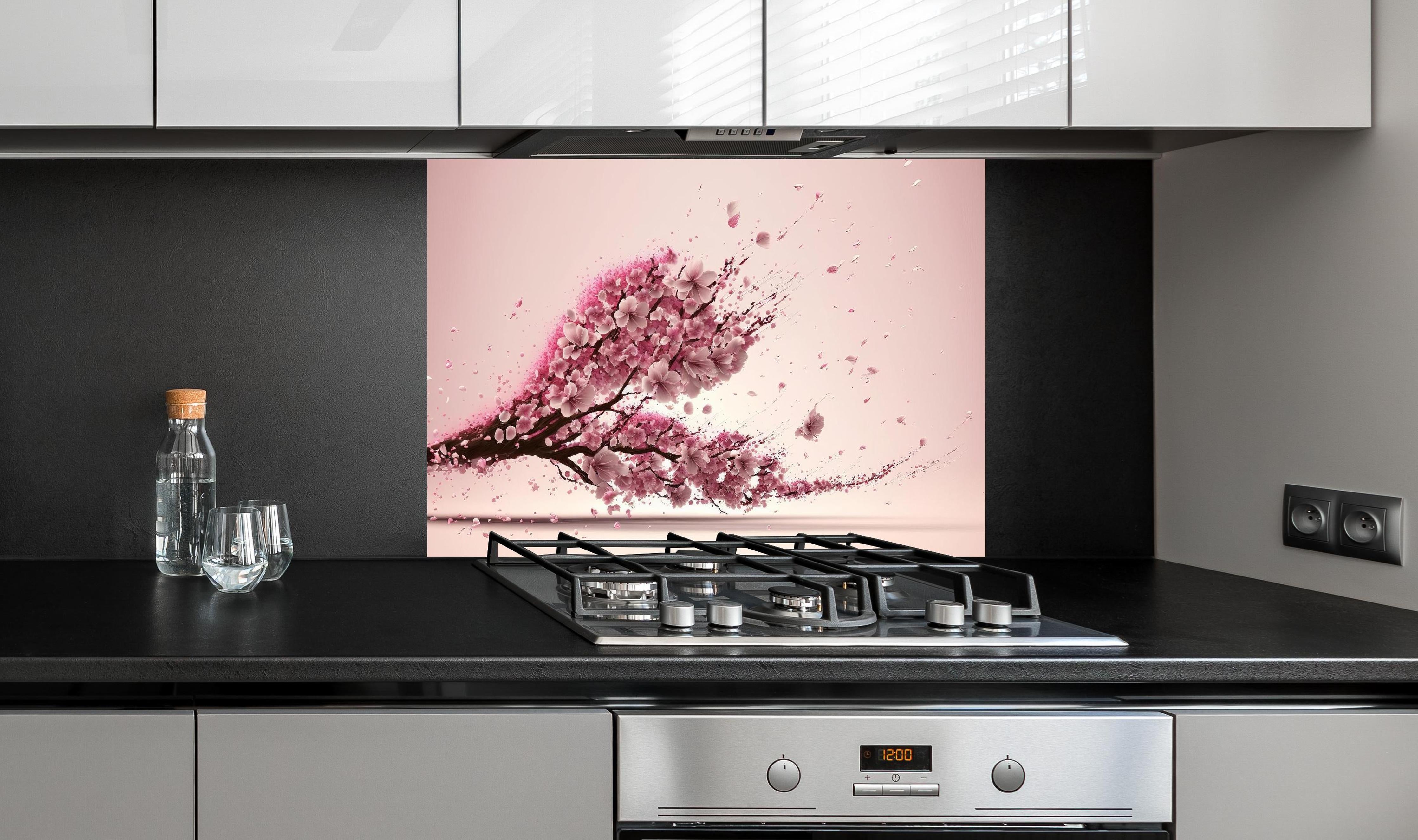 Spritzschutz - Sakura Blüte Rosa Dynamische Tintenkunst hinter einem Cerankochfeld zwischen Holz-Kochutensilien