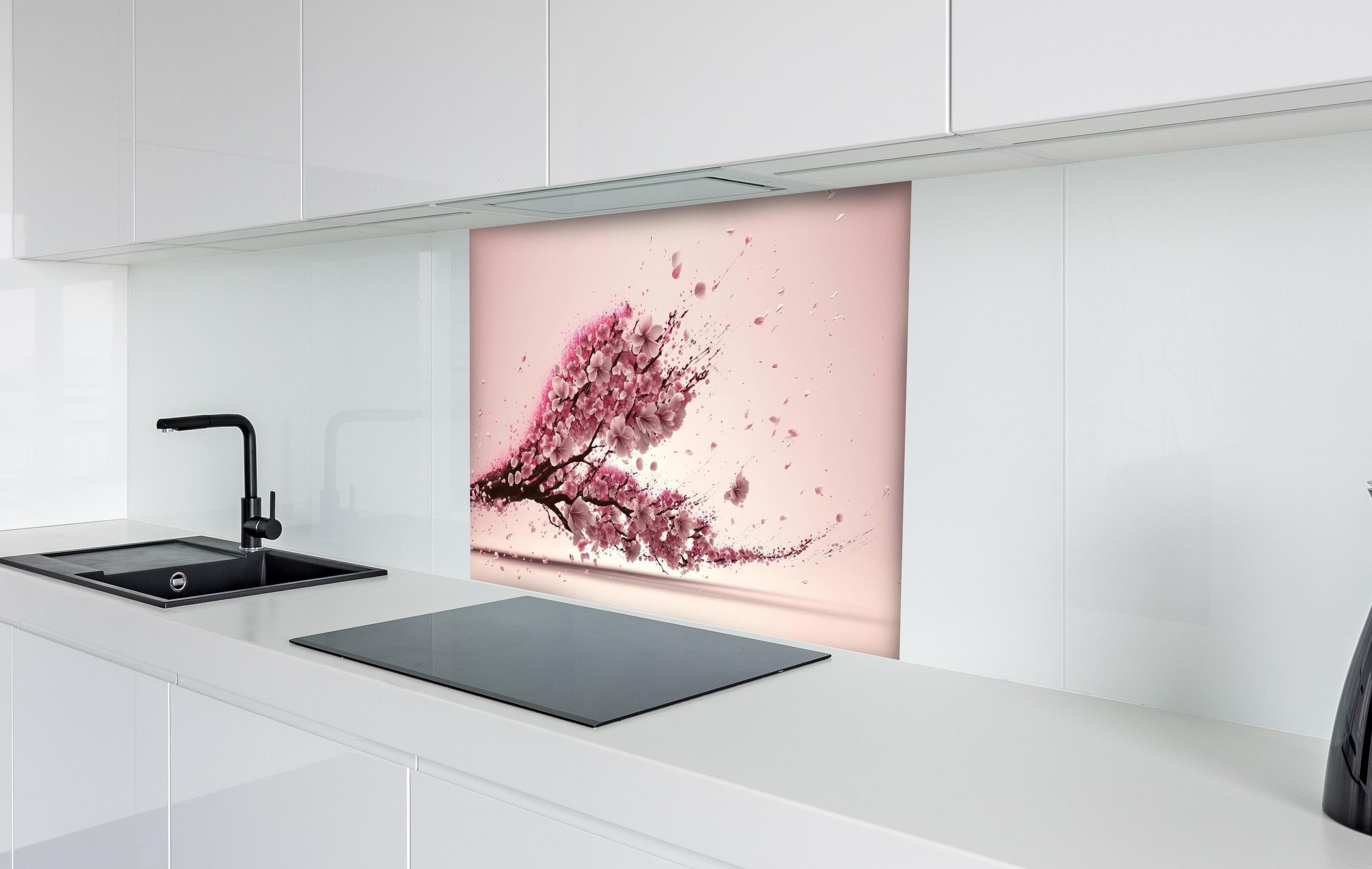 Spritzschutz - Sakura Blüte Rosa Dynamische Tintenkunst hinter einem Cerankochfeld zwischen Holz-Kochutensilien