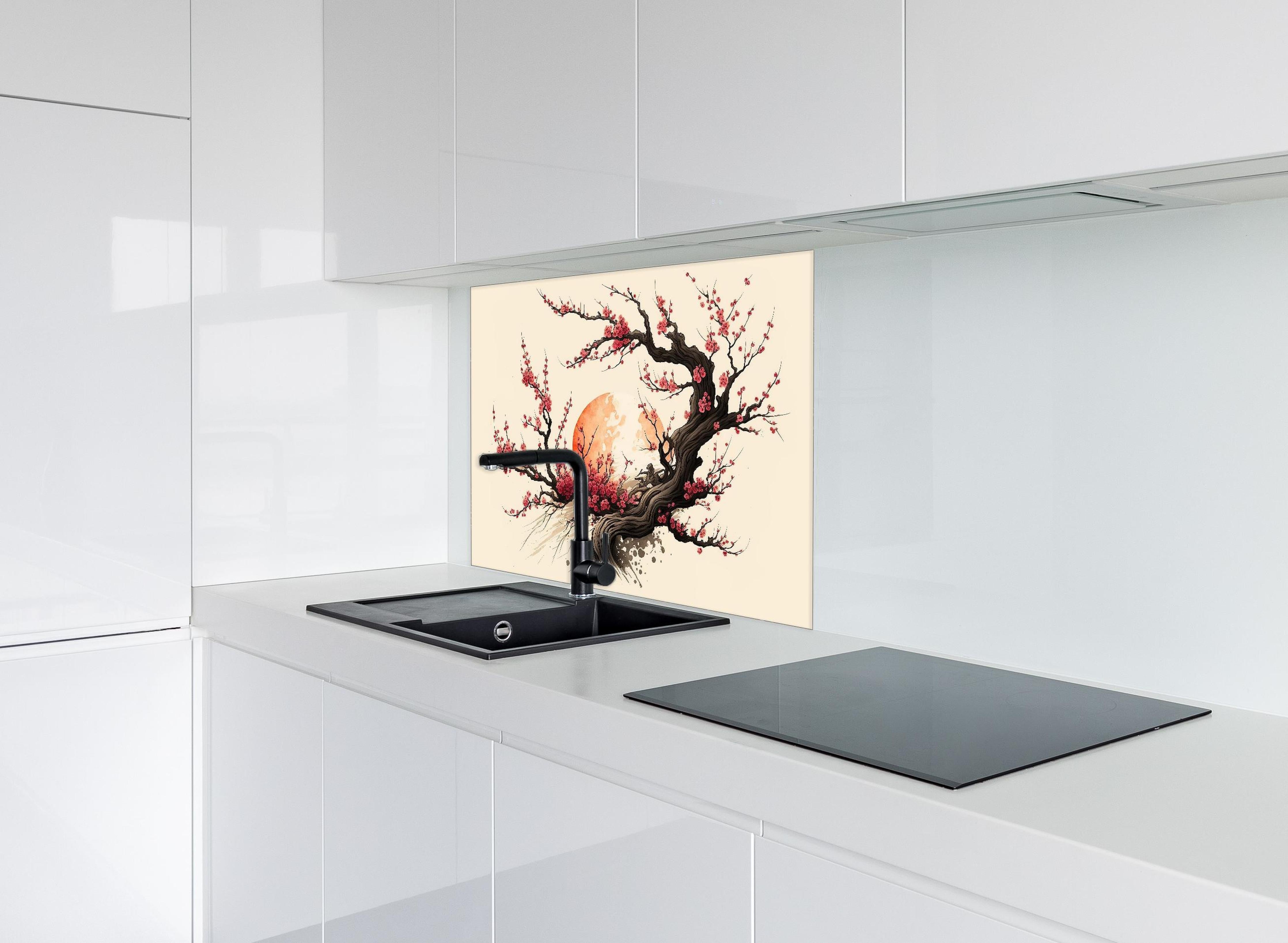 Spritzschutz - Sakura Kirschblüten Aquarell Ink Art hinter einem Cerankochfeld zwischen Holz-Kochutensilien