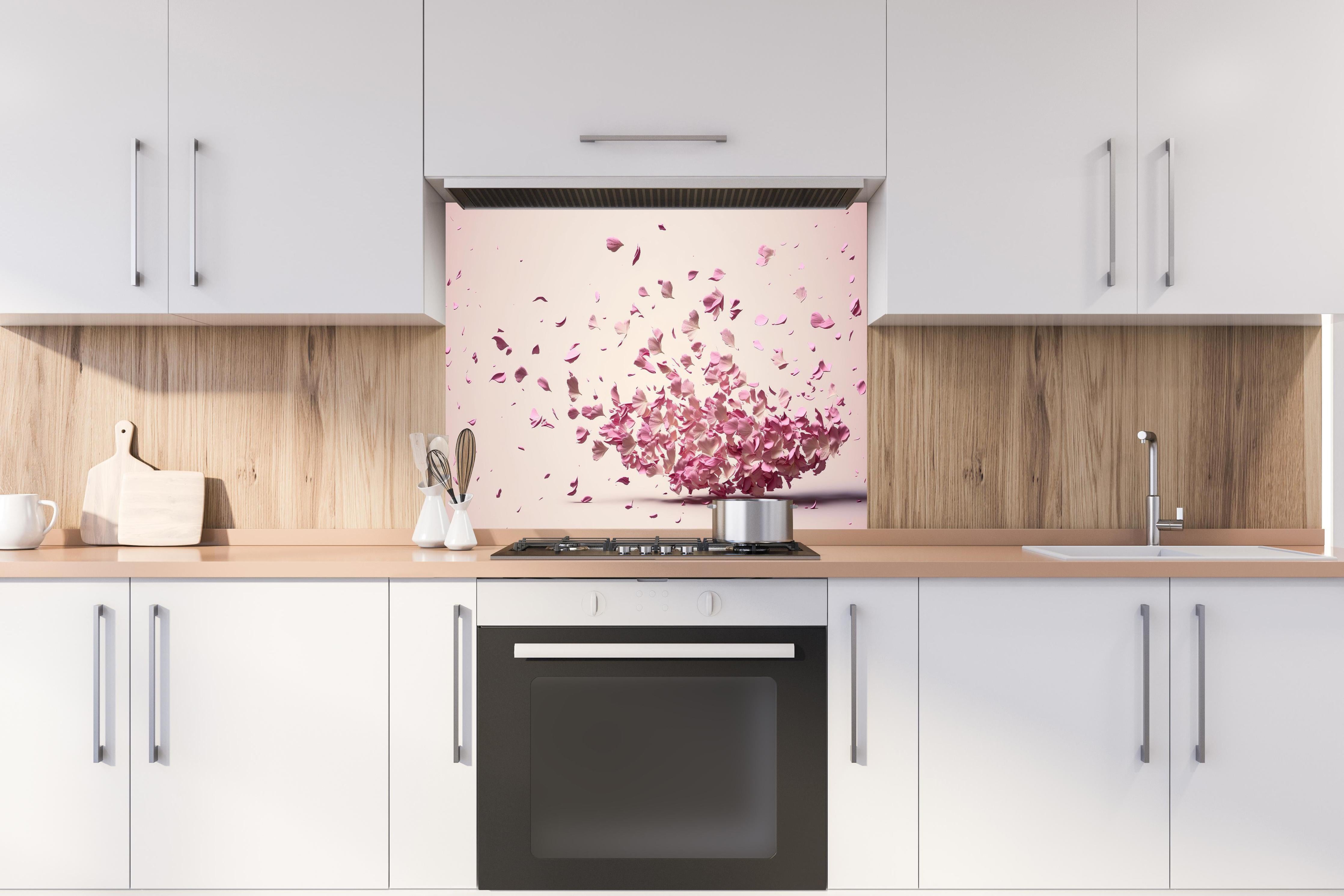 Spritzschutz - Sakura Kirschblüten Explosion in Pastellrosa hinter einem Cerankochfeld zwischen Holz-Kochutensilien