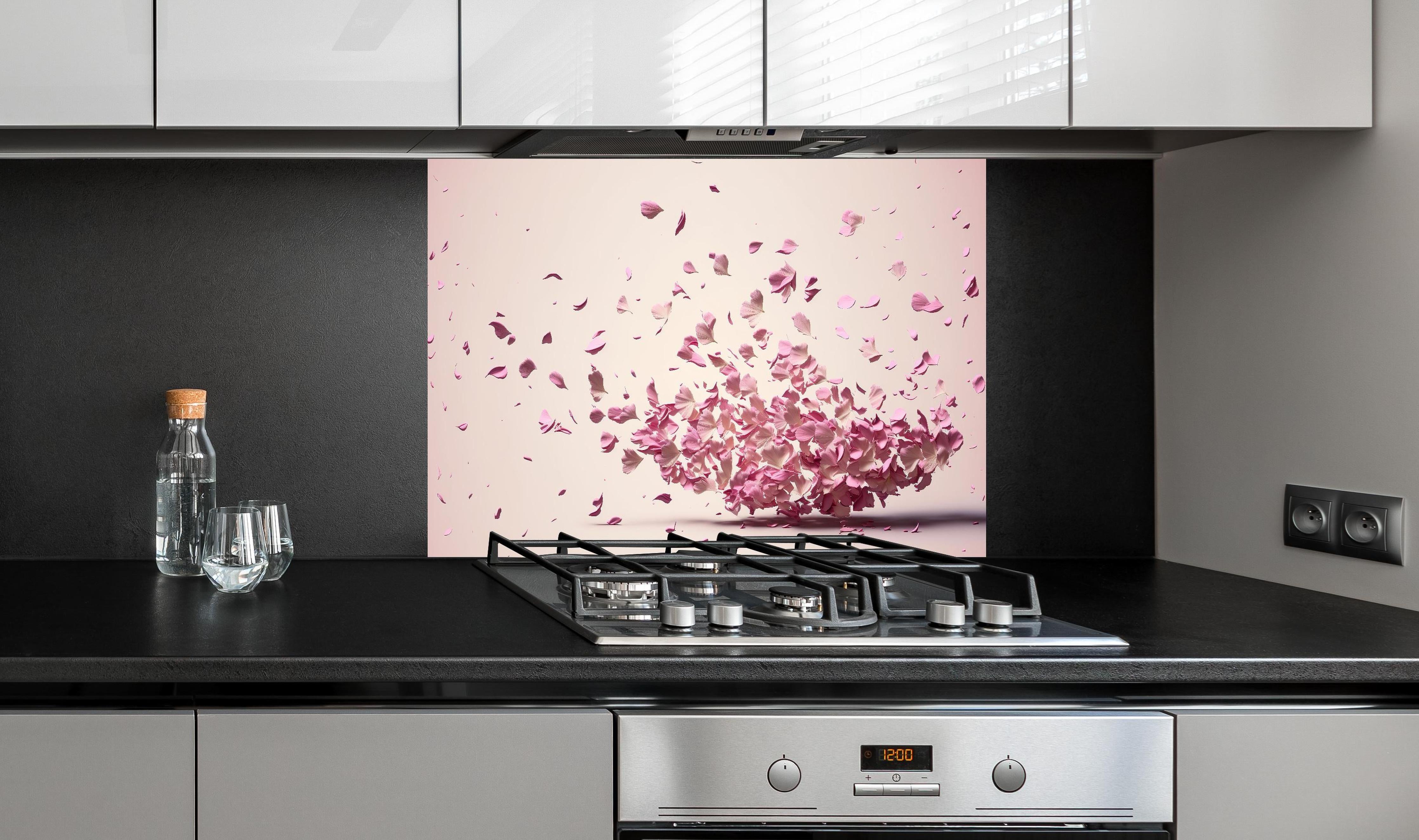 Spritzschutz - Sakura Kirschblüten Explosion in Pastellrosa hinter einem Cerankochfeld zwischen Holz-Kochutensilien