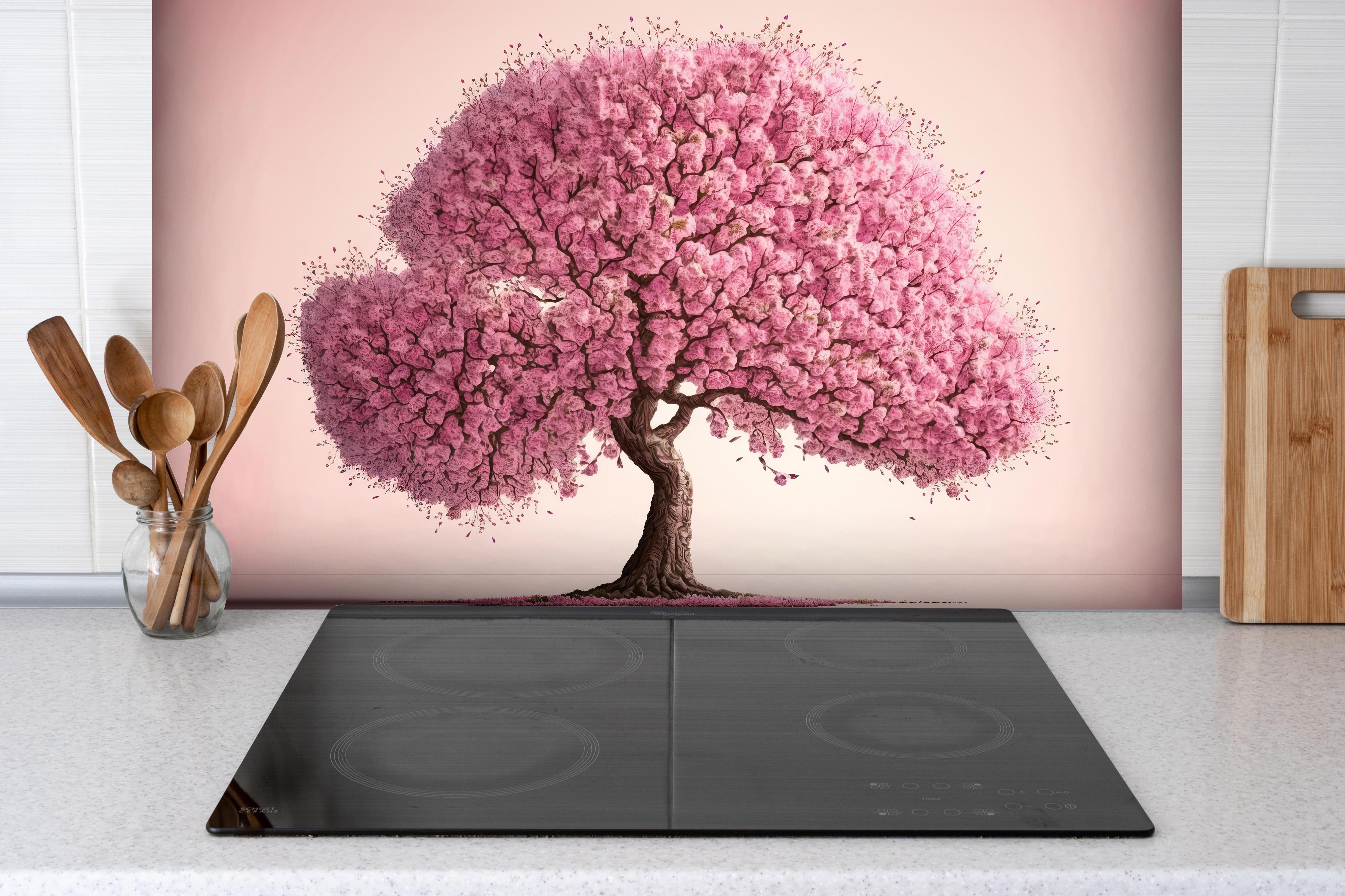 Spritzschutz - Sakura baum - KI generiert hinter einem Cerankochfeld zwischen Holz-Kochutensilien