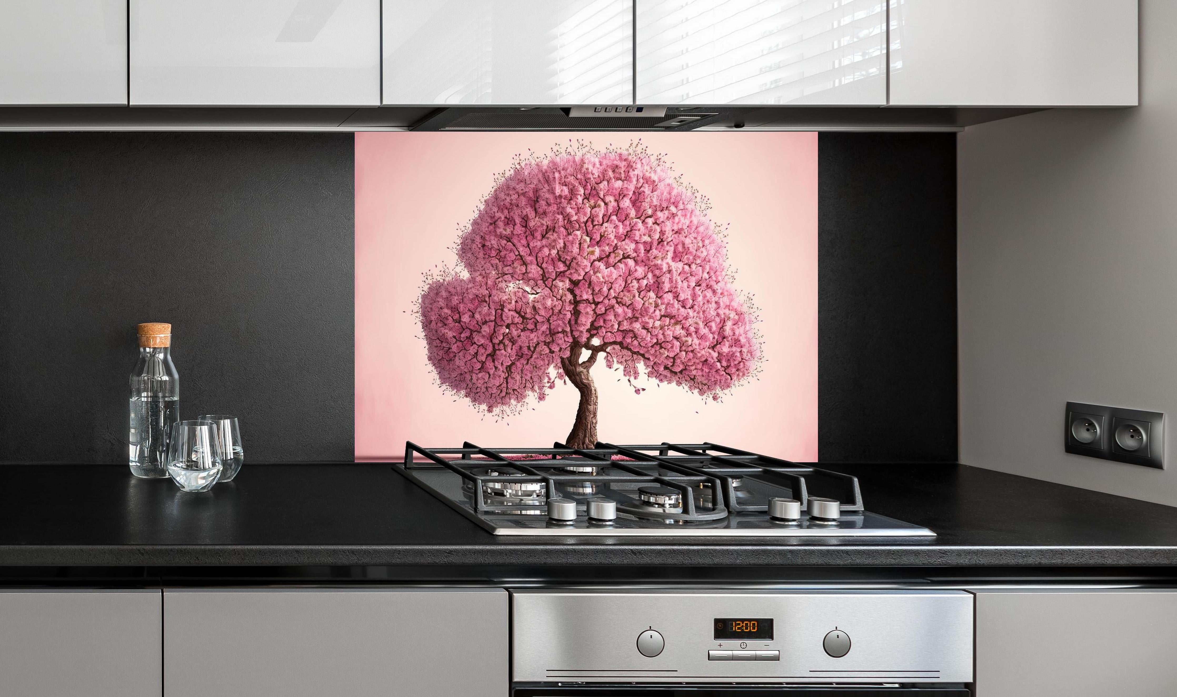 Spritzschutz - Sakura baum - KI generiert hinter einem Cerankochfeld zwischen Holz-Kochutensilien