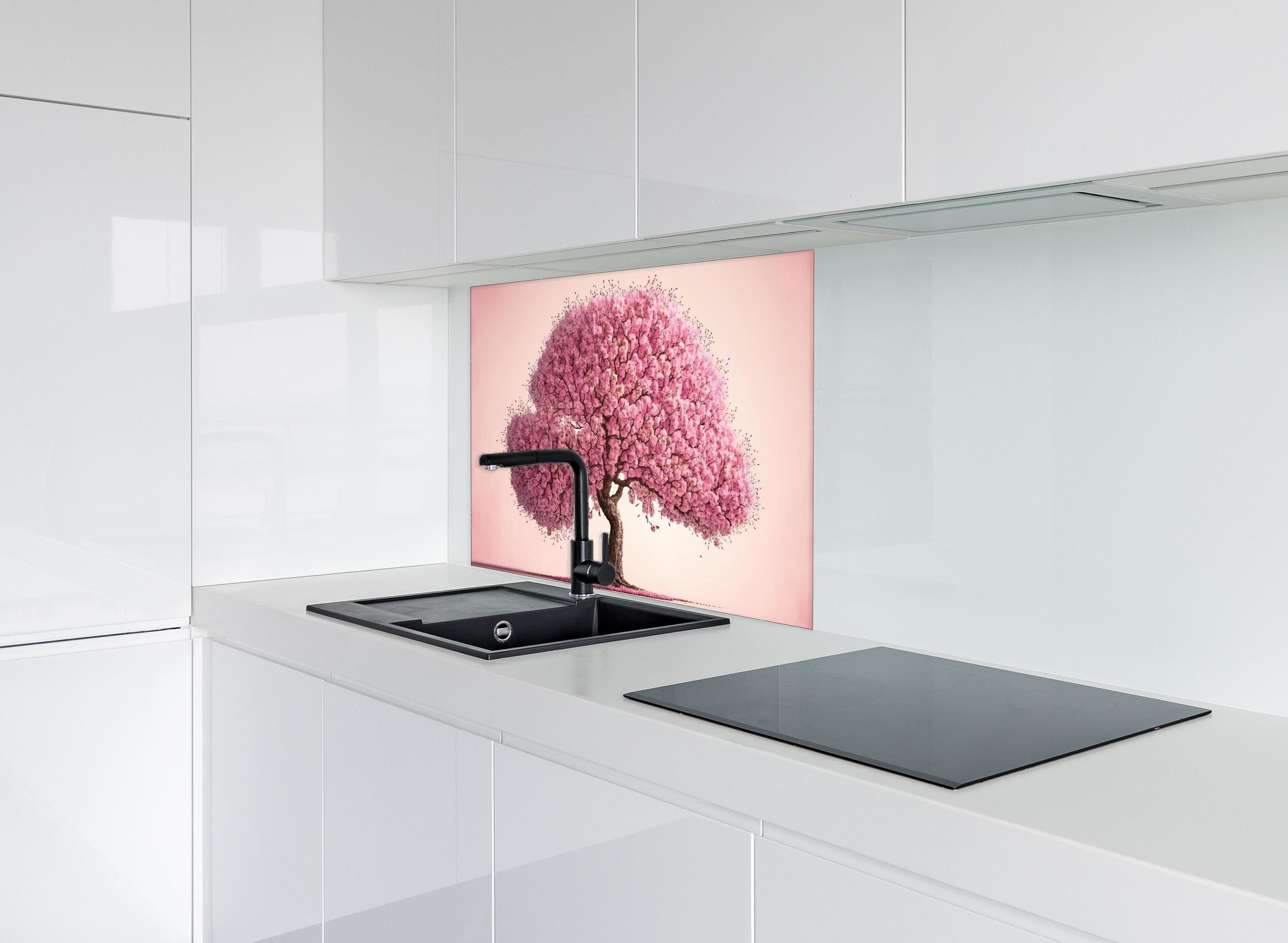 Spritzschutz - Sakura baum - KI generiert hinter einem Cerankochfeld zwischen Holz-Kochutensilien
