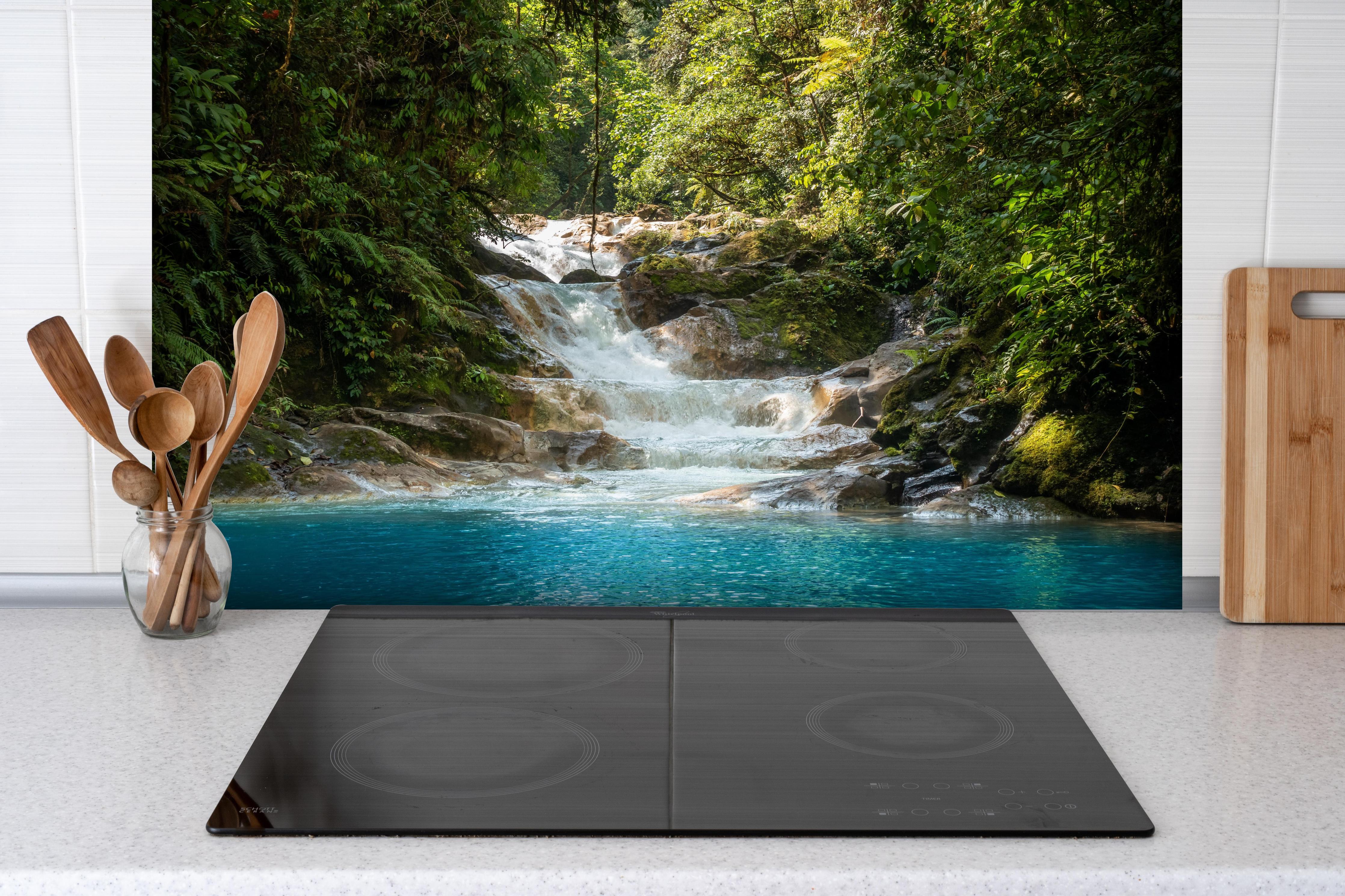 Spritzschutz - Sanfter Wasserfall im grünen Dschungel hinter einem Cerankochfeld zwischen Holz-Kochutensilien