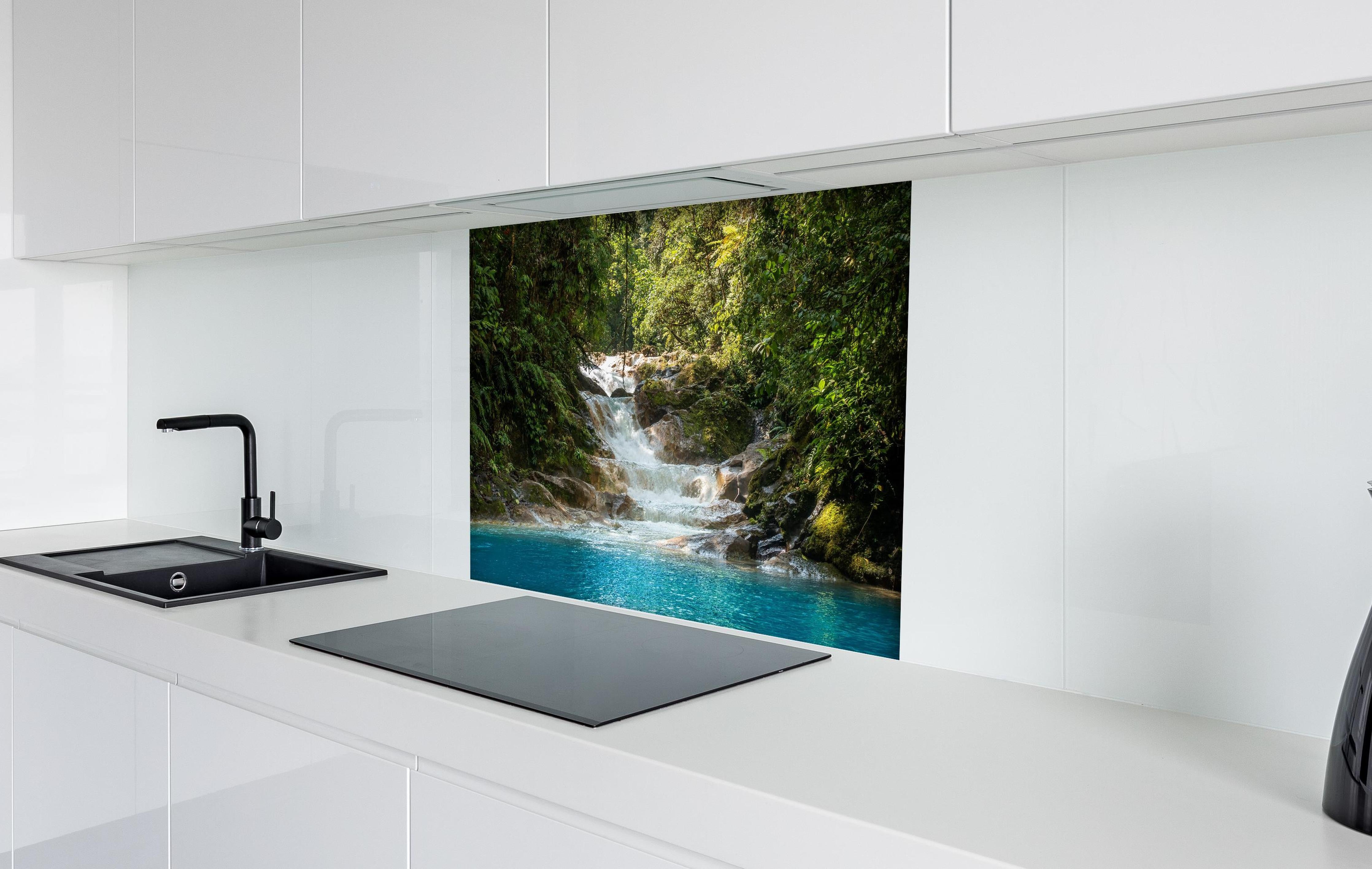 Spritzschutz - Sanfter Wasserfall im grünen Dschungel hinter einem Cerankochfeld zwischen Holz-Kochutensilien