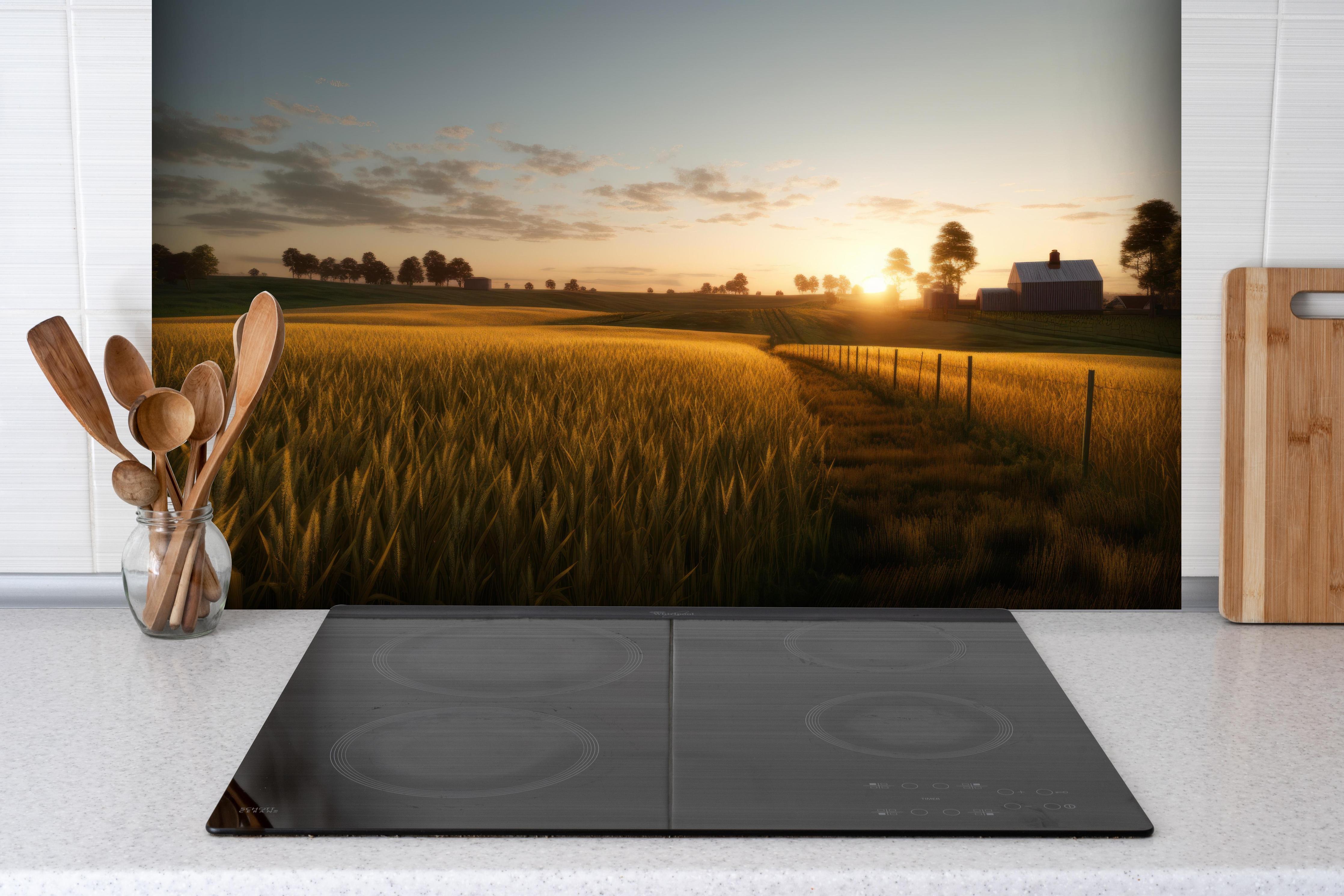 Spritzschutz - Sanftes Sonnenuntergangslicht auf Feldern hinter einem Cerankochfeld zwischen Holz-Kochutensilien