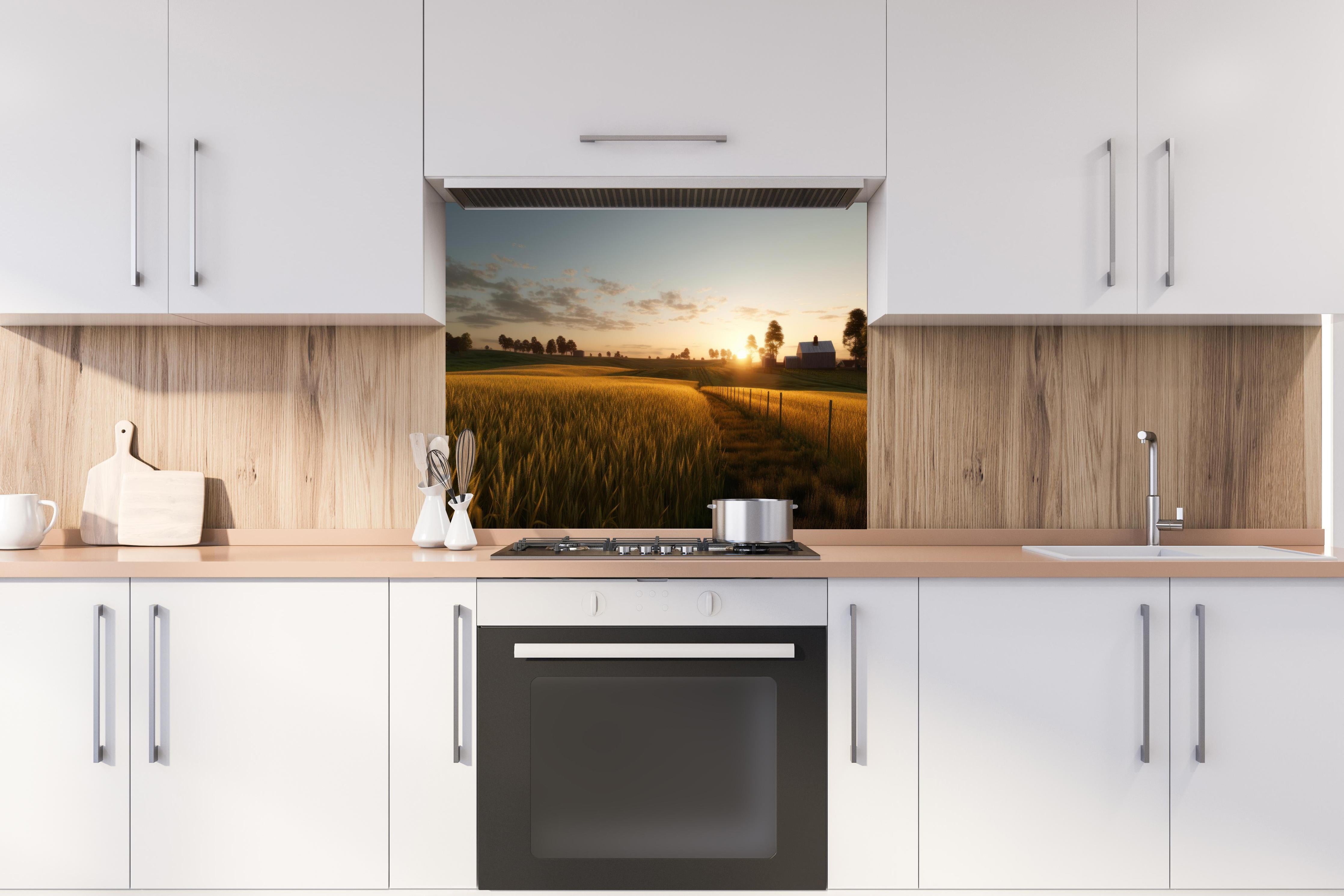 Spritzschutz - Sanftes Sonnenuntergangslicht auf Feldern hinter einem Cerankochfeld zwischen Holz-Kochutensilien