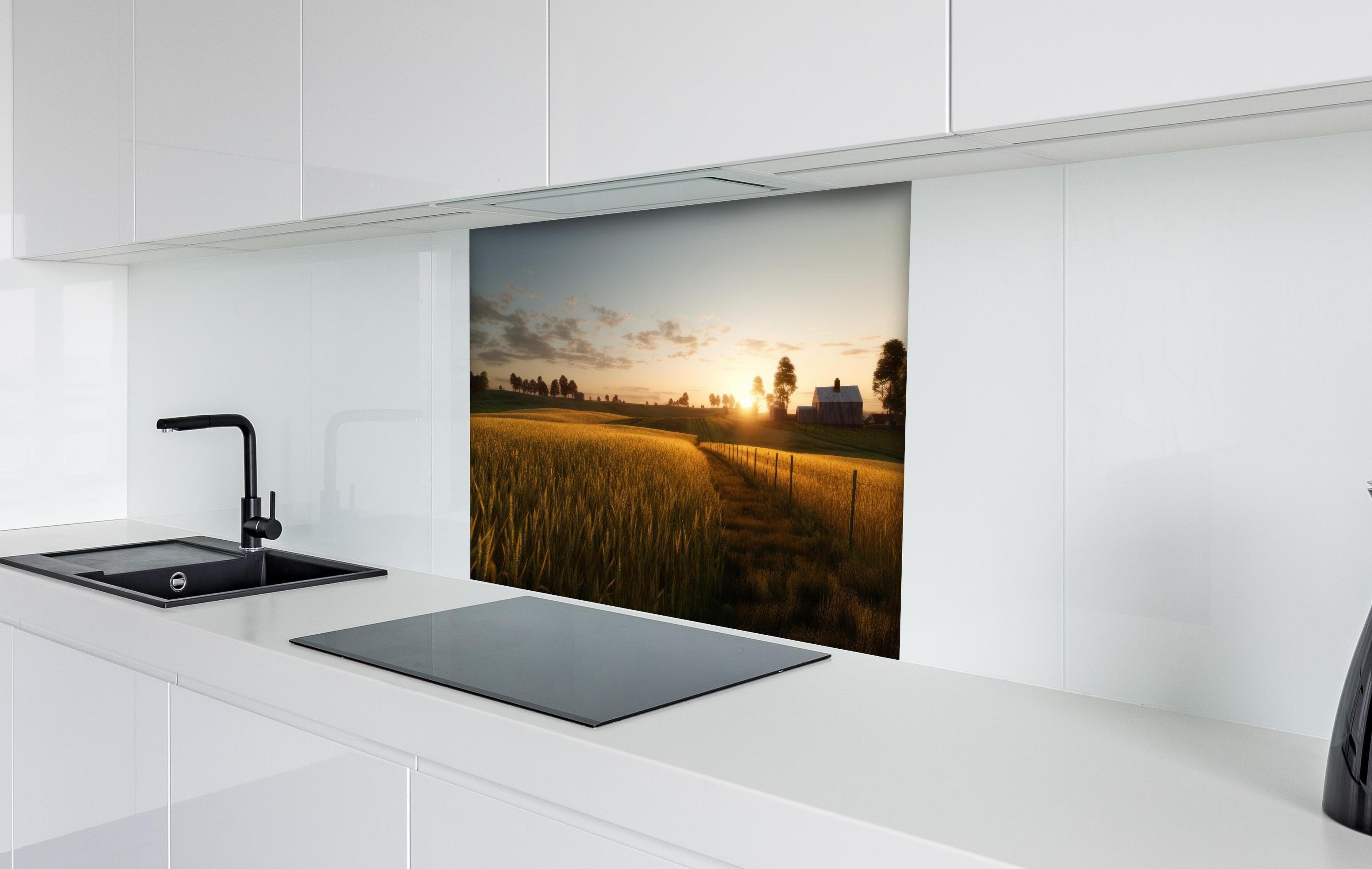 Spritzschutz - Sanftes Sonnenuntergangslicht auf Feldern hinter einem Cerankochfeld zwischen Holz-Kochutensilien