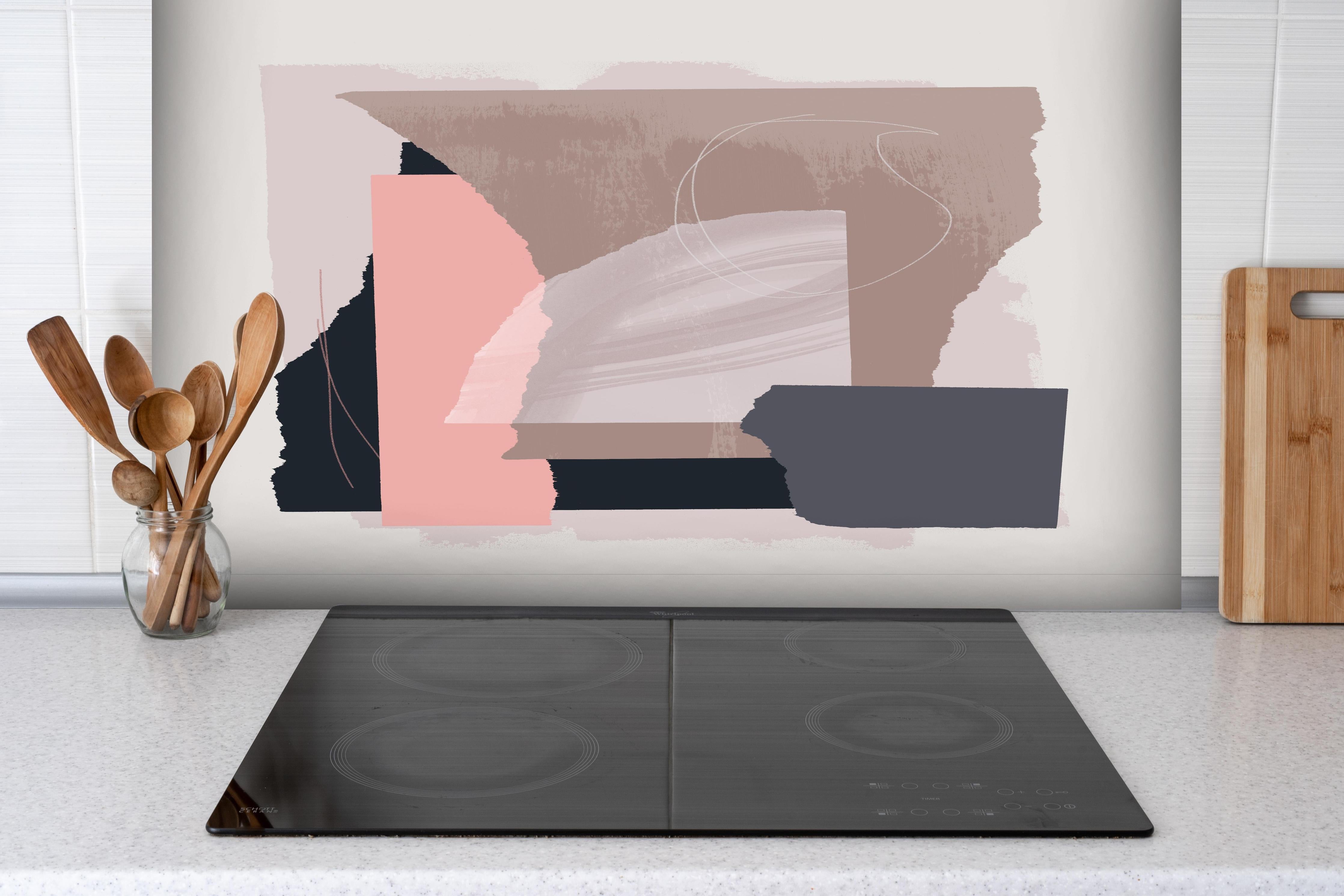 Spritzschutz - Savannen-Landschaft mit einsamem Baum hinter einem Cerankochfeld zwischen Holz-Kochutensilien