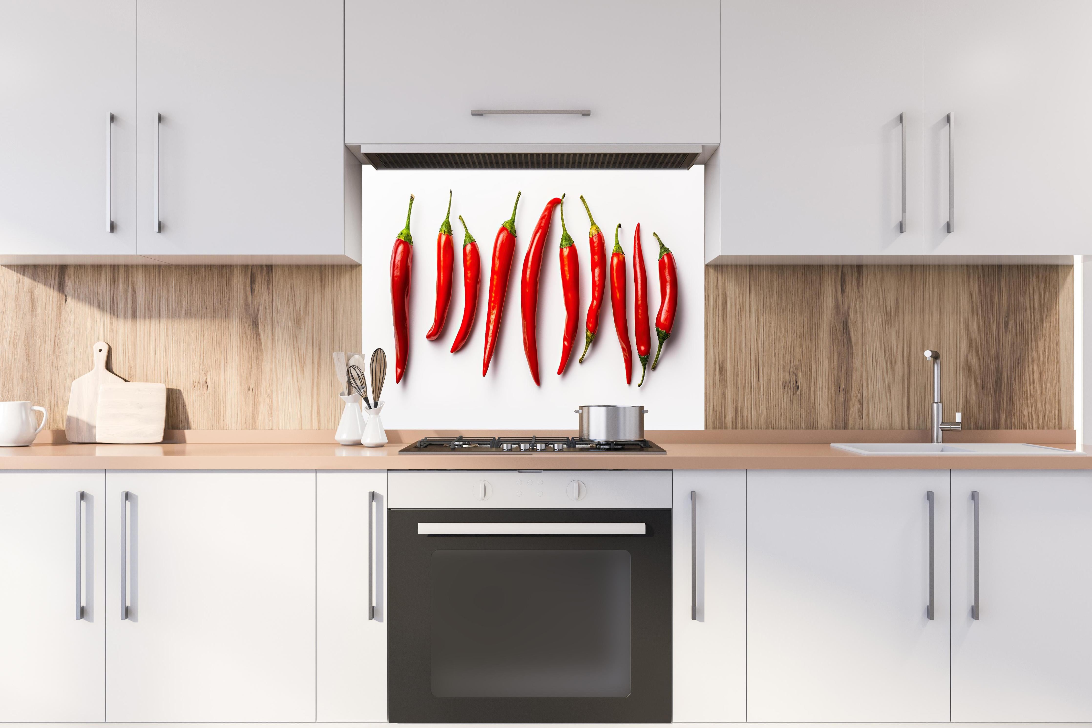 Spritzschutz - Scharfe Rote Chili Schoten im Überblick hinter einem Cerankochfeld zwischen Holz-Kochutensilien