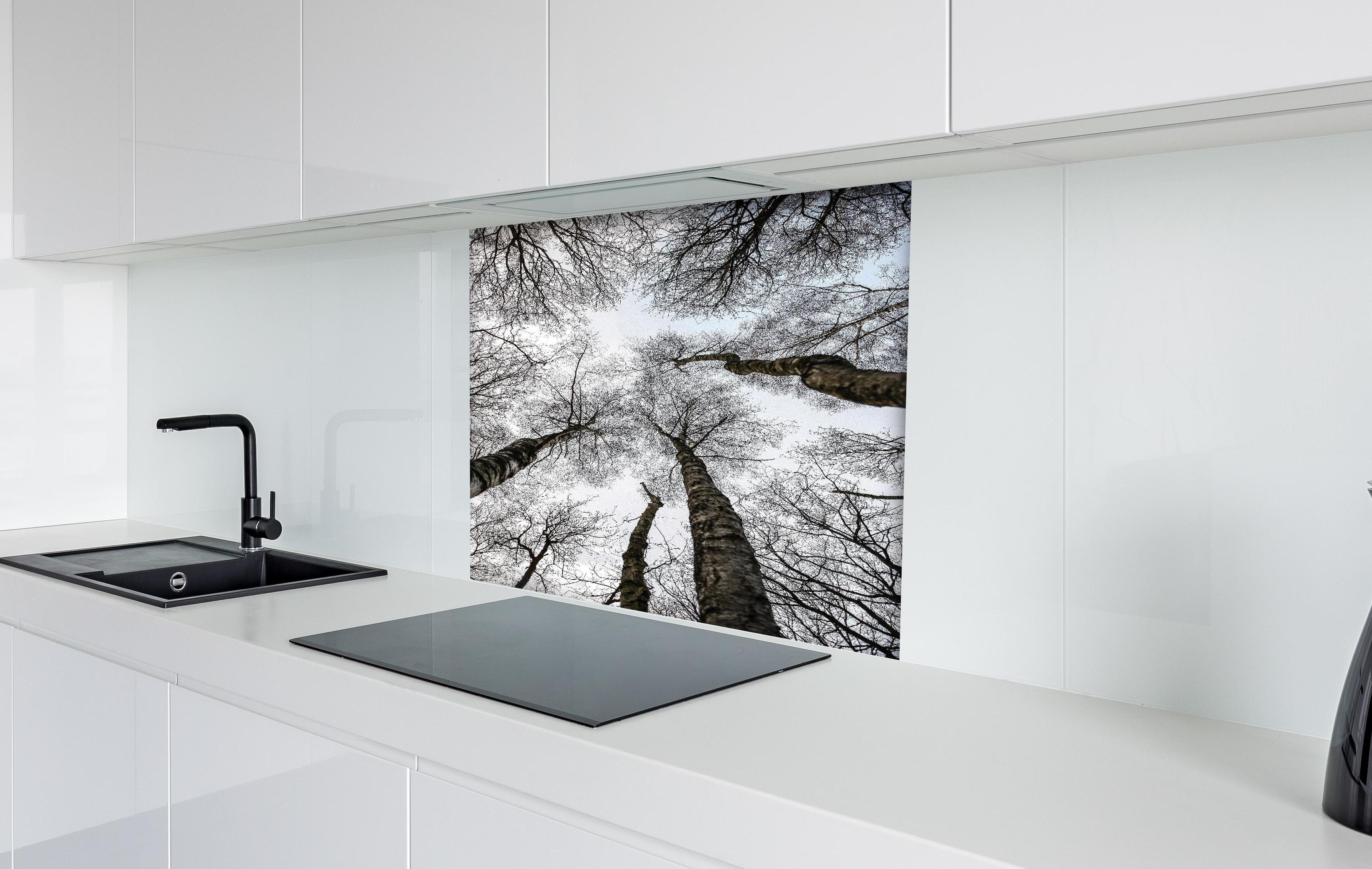 Spritzschutz - Schnee Wald hinter einem Cerankochfeld zwischen Holz-Kochutensilien