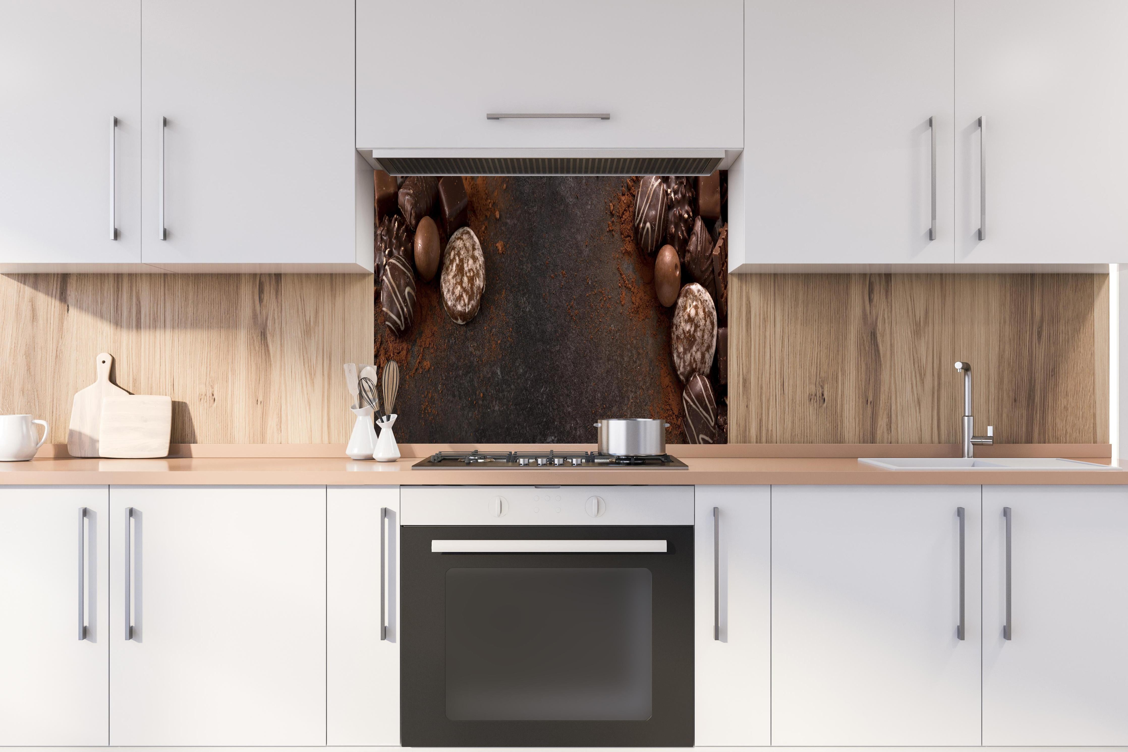 Spritzschutz - Schokoladenpralinen auf Schieferuntergrund hinter einem Cerankochfeld zwischen Holz-Kochutensilien