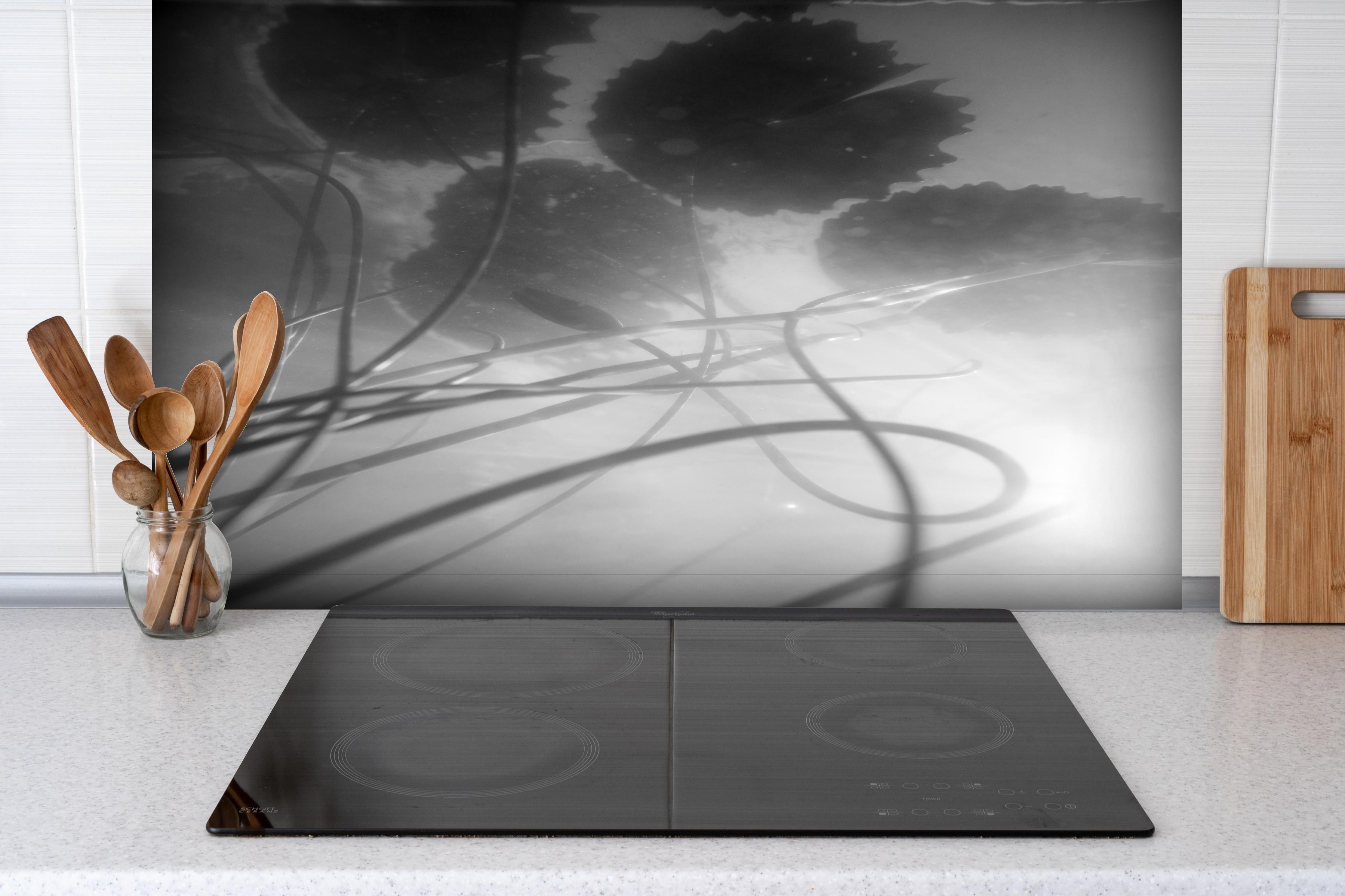 Spritzschutz - Schwarz-weiße Nahaufnahme der Water Lily hinter einem Cerankochfeld zwischen Holz-Kochutensilien