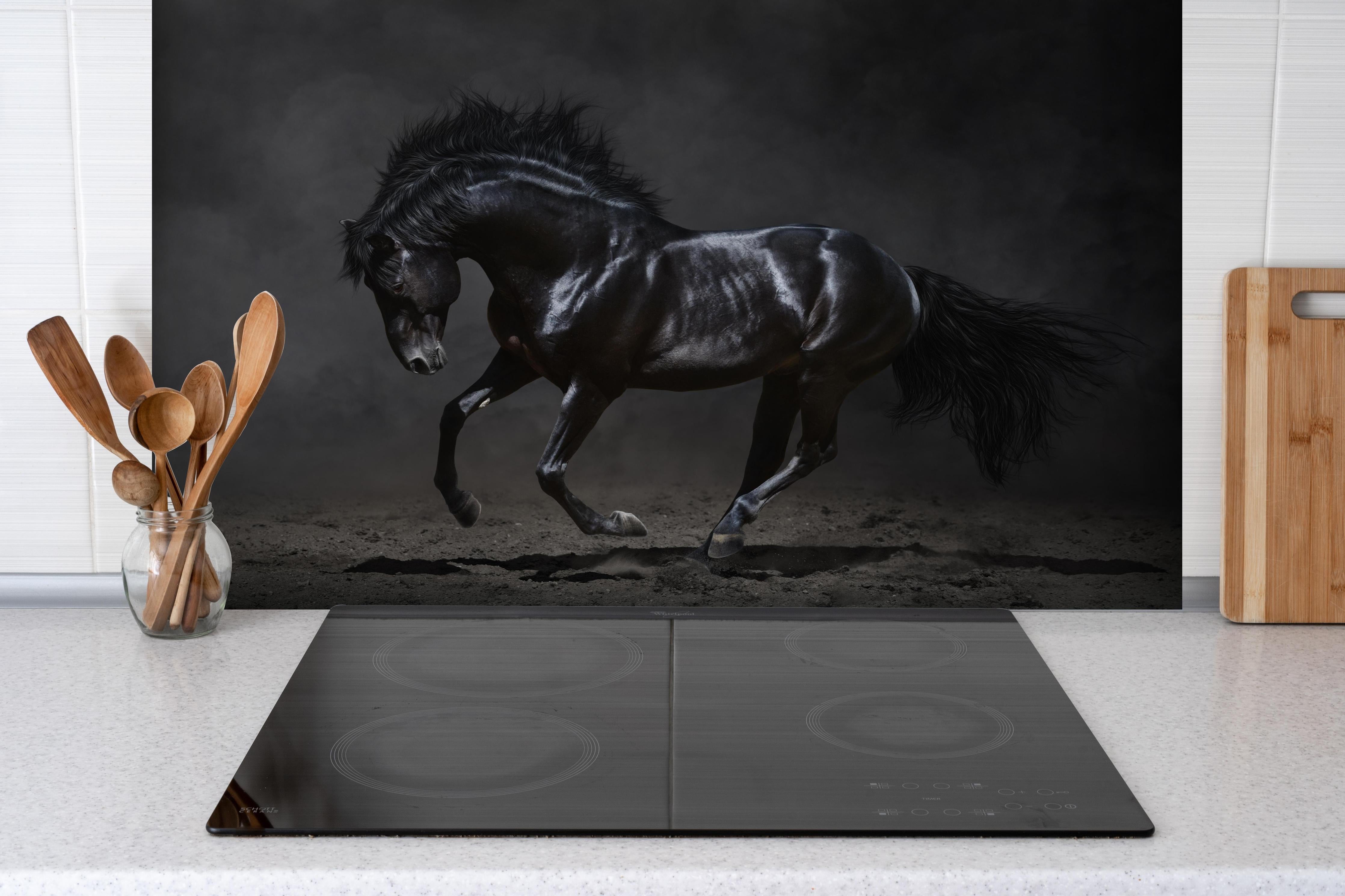 Spritzschutz - Schwarzer Hengst auf dunklem Hintergrund hinter einem Cerankochfeld zwischen Holz-Kochutensilien
