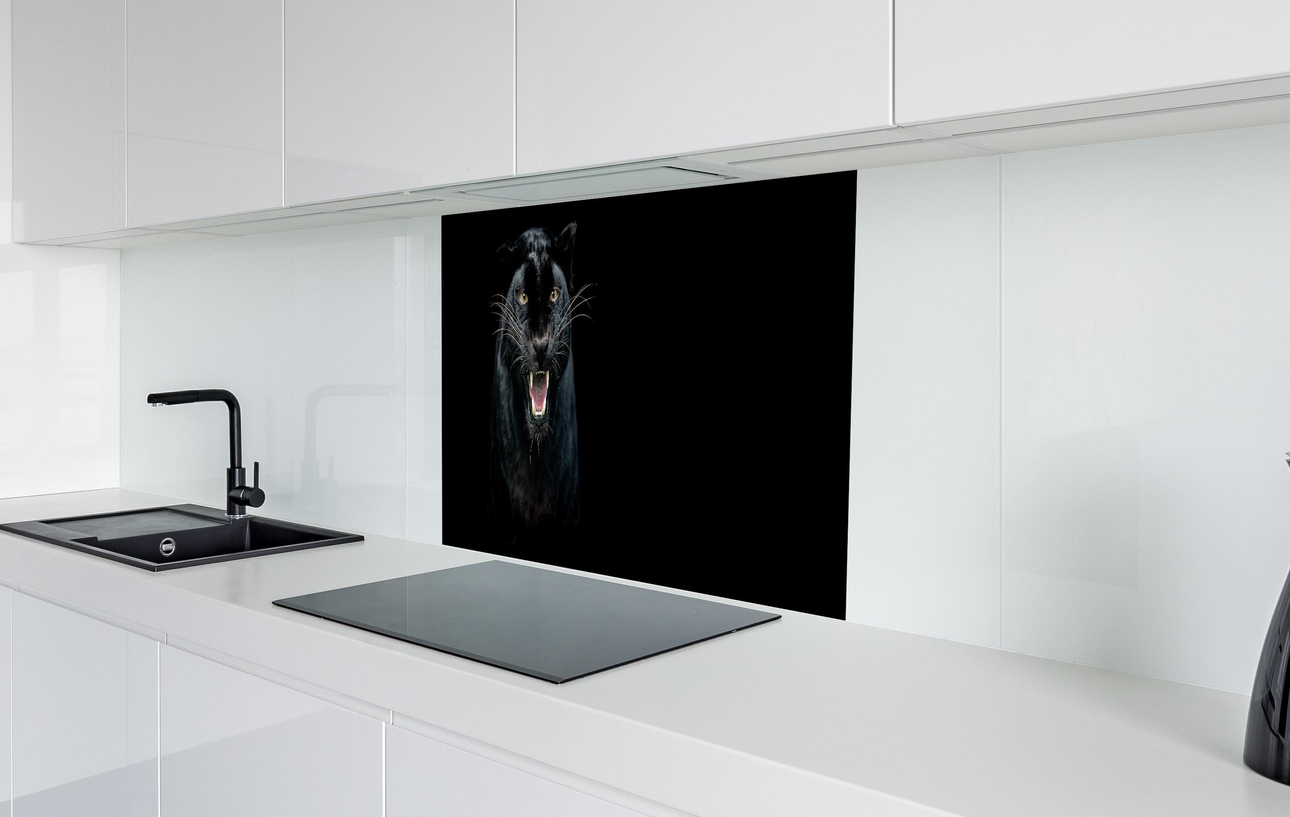 Spritzschutz - Schwarzer Panther auf schwarzem Hintergrund hinter einem Cerankochfeld zwischen Holz-Kochutensilien
