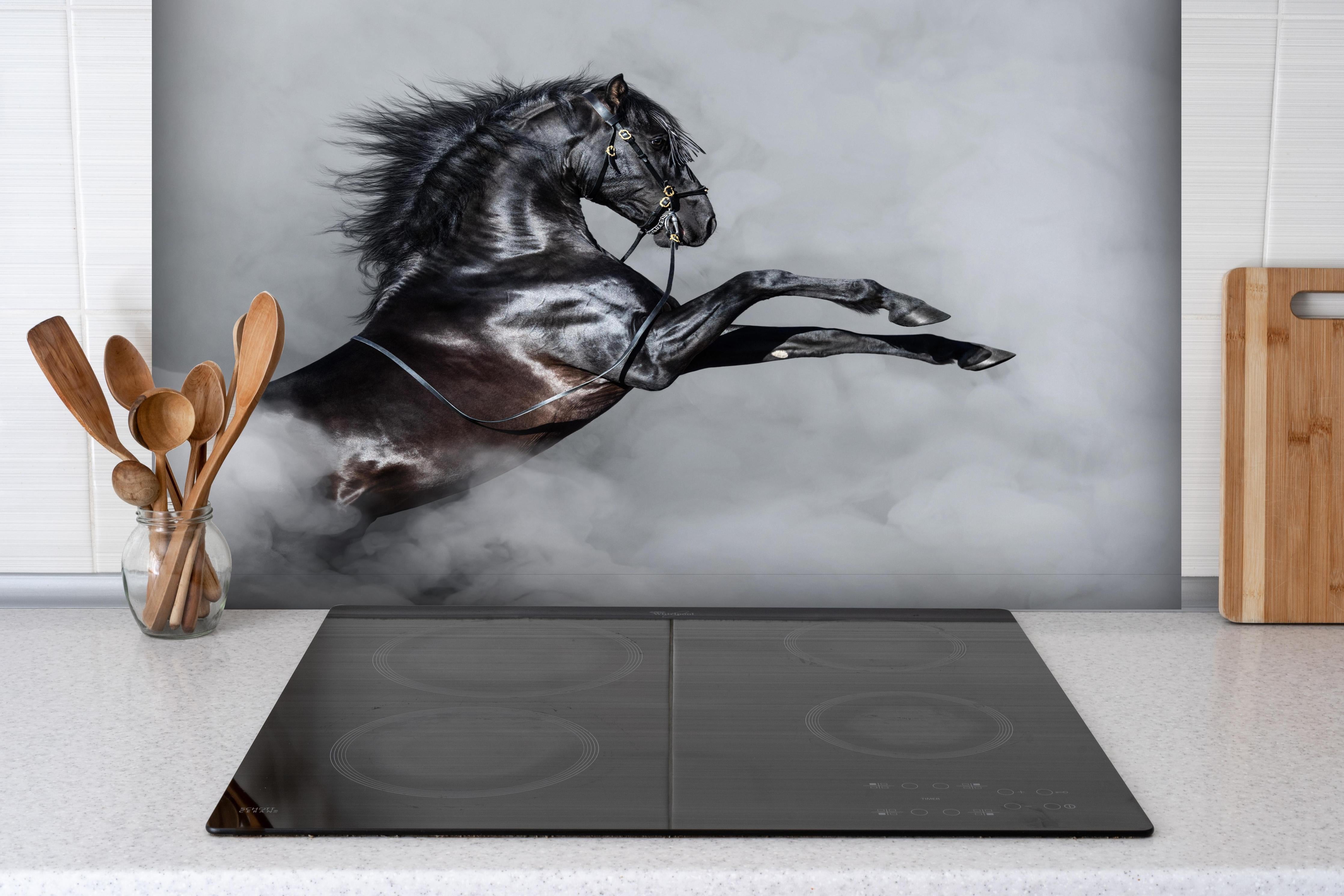 Spritzschutz - Schwarzes Andalusier Pferd im Nebel hinter einem Cerankochfeld zwischen Holz-Kochutensilien