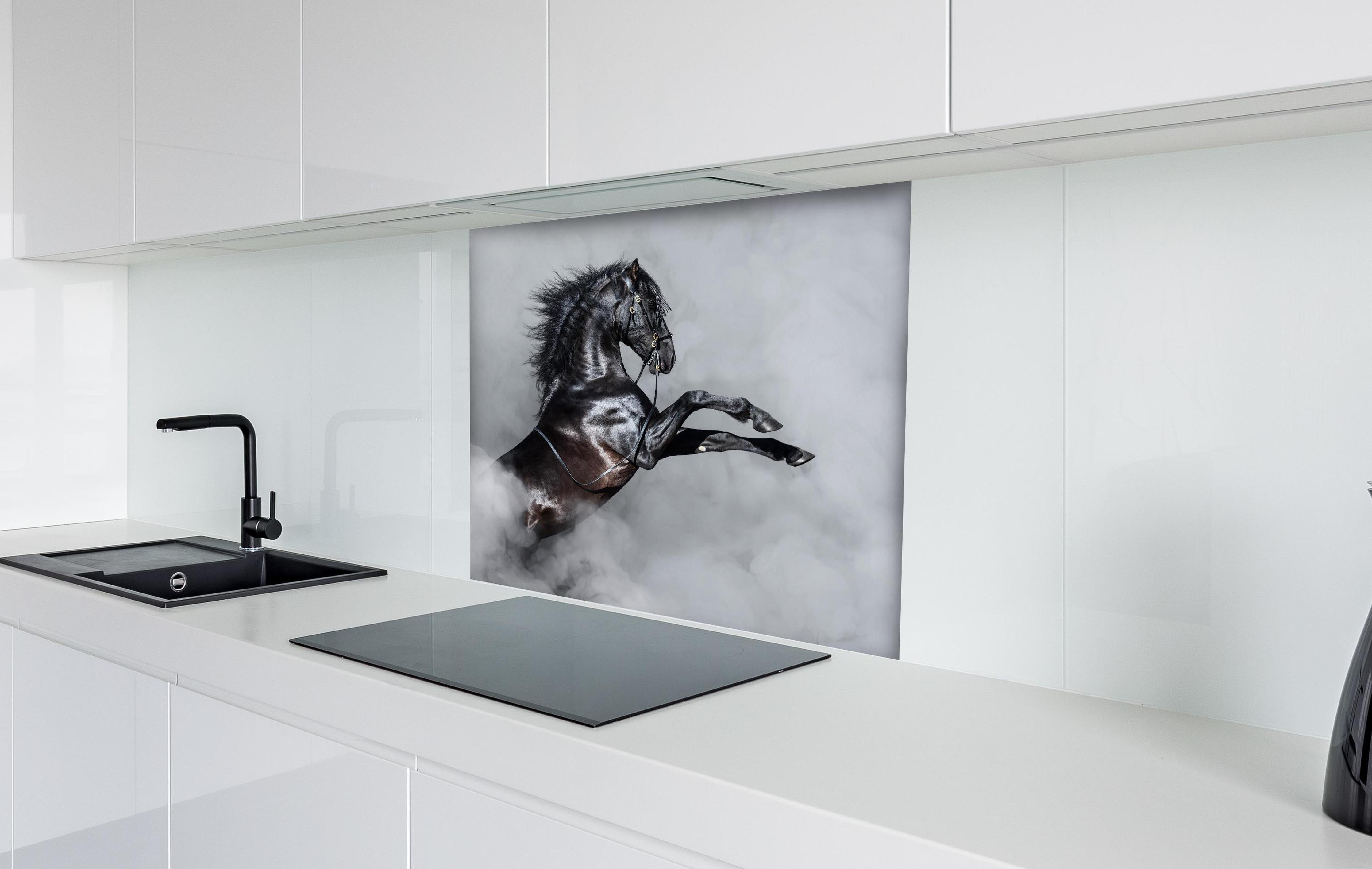 Spritzschutz - Schwarzes Andalusier Pferd im Nebel hinter einem Cerankochfeld zwischen Holz-Kochutensilien