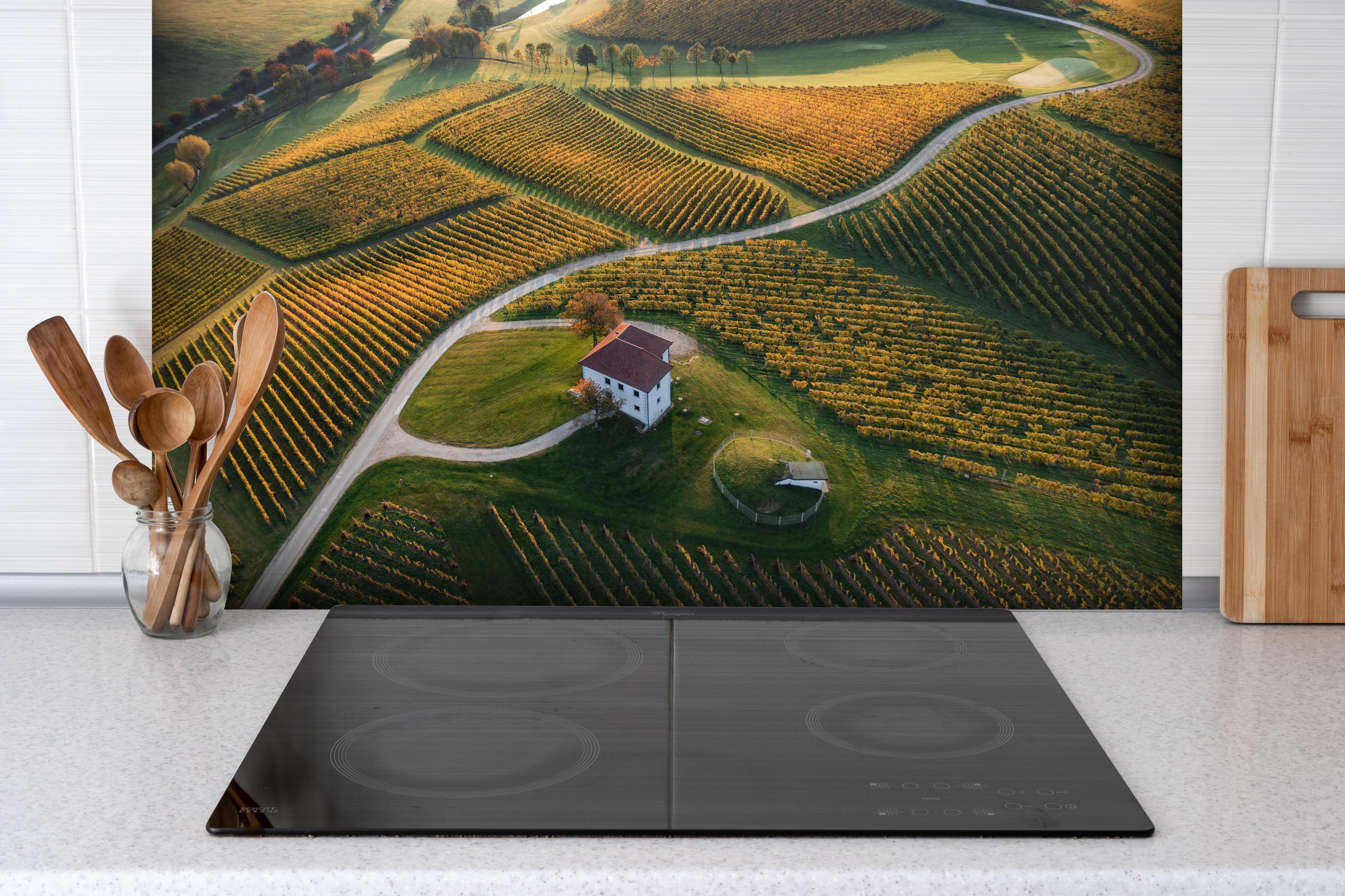 Spritzschutz - Serenes Grün-Hügellandschaft mit Farmhaus hinter einem Cerankochfeld zwischen Holz-Kochutensilien