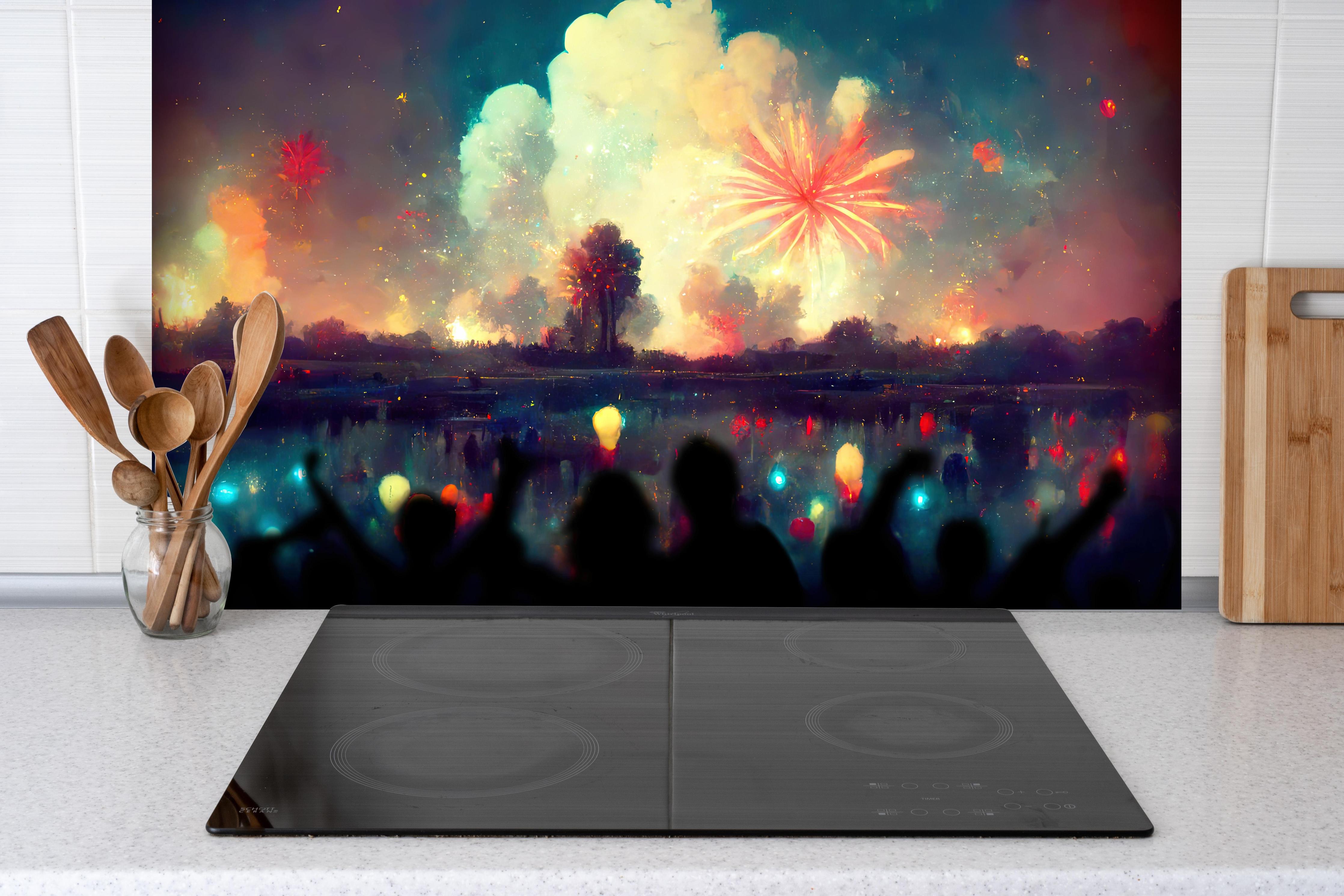 Spritzschutz - Silvesternacht - Illustration hinter einem Cerankochfeld zwischen Holz-Kochutensilien