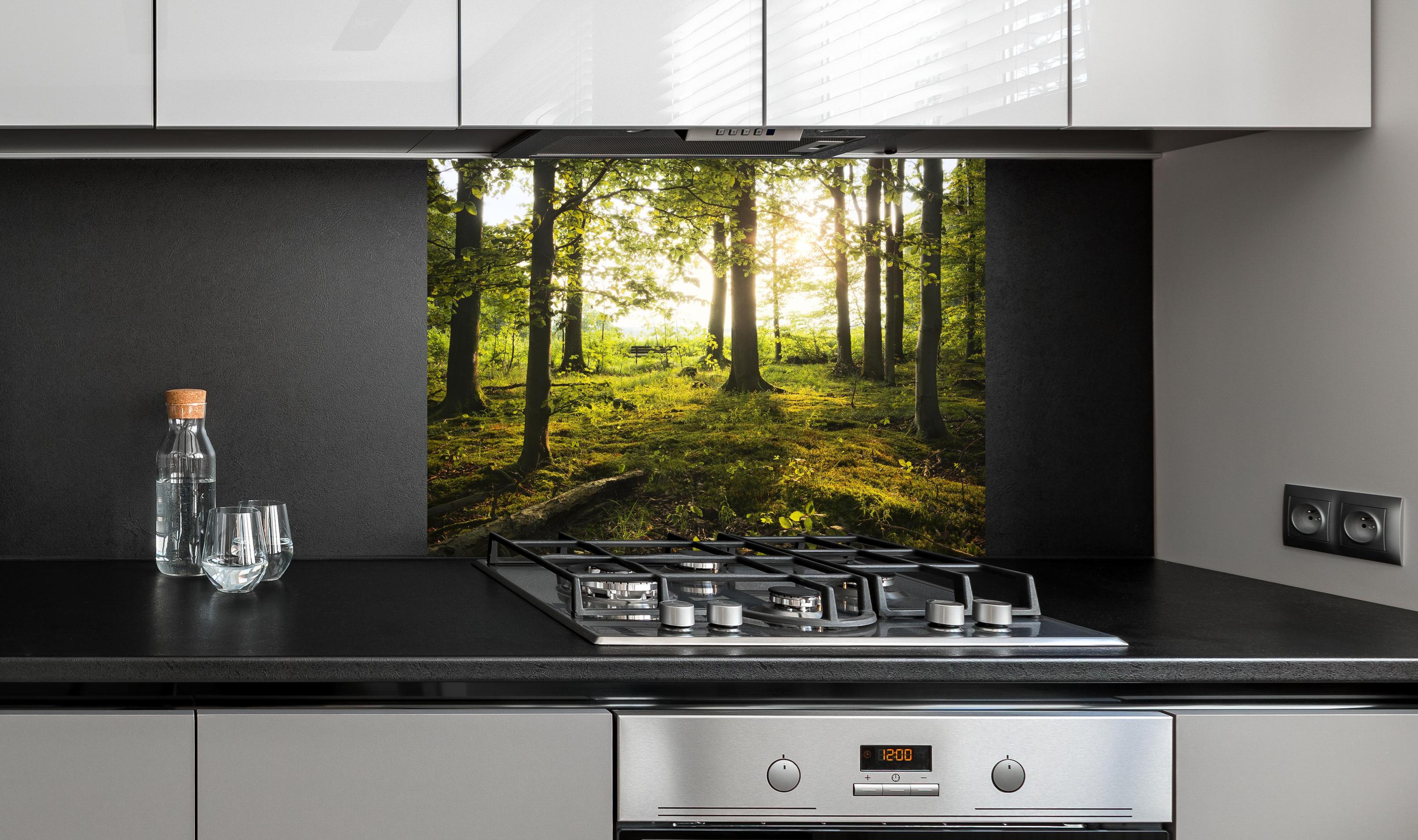 Spritzschutz - Sommer Wald hinter einem Cerankochfeld zwischen Holz-Kochutensilien