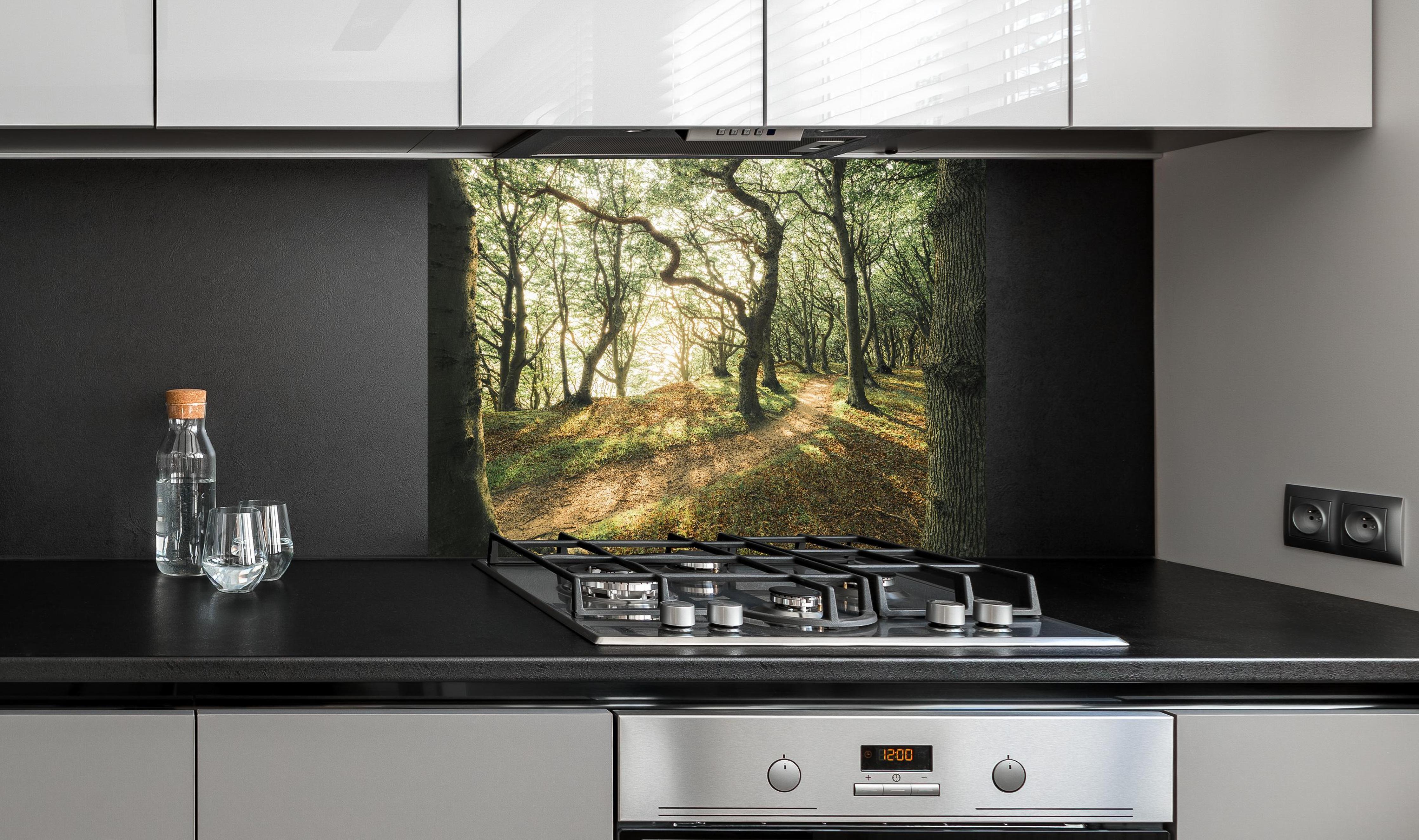 Spritzschutz - Sonnenstrahlen im Waldweg hinter einem Cerankochfeld zwischen Holz-Kochutensilien