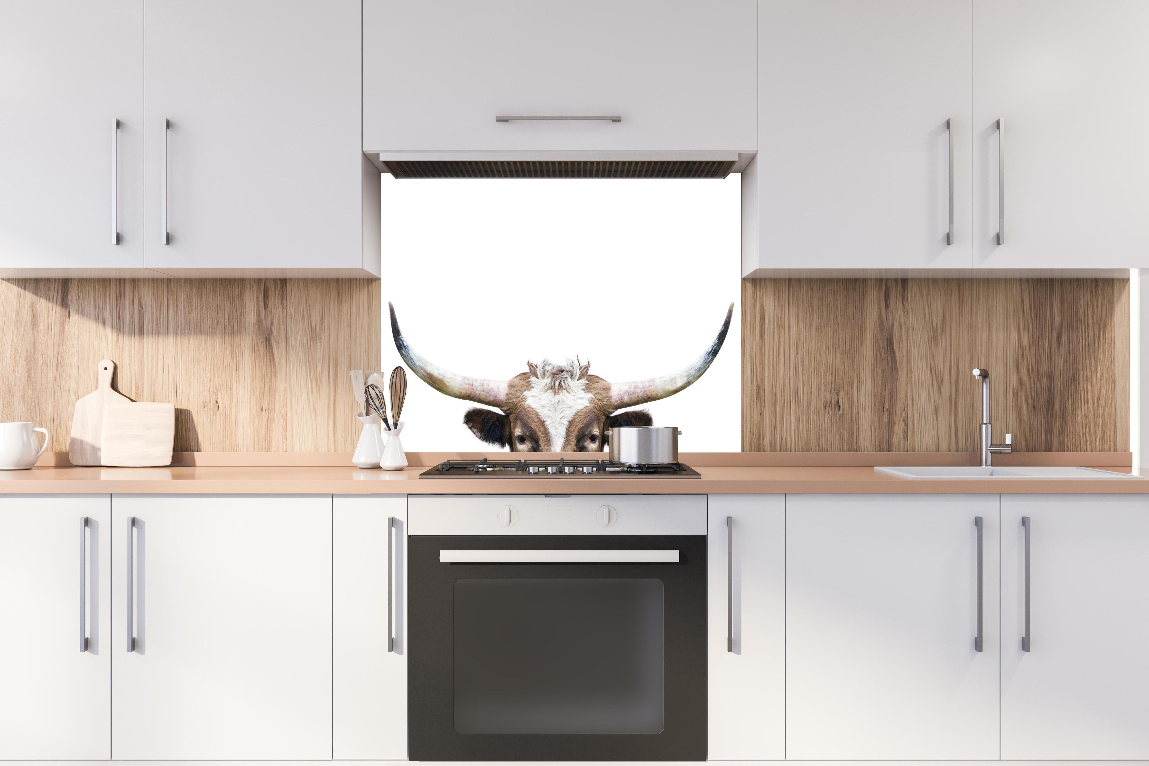 Spritzschutz - Spähende Longhorn-Kuh hinter einem Cerankochfeld zwischen Holz-Kochutensilien