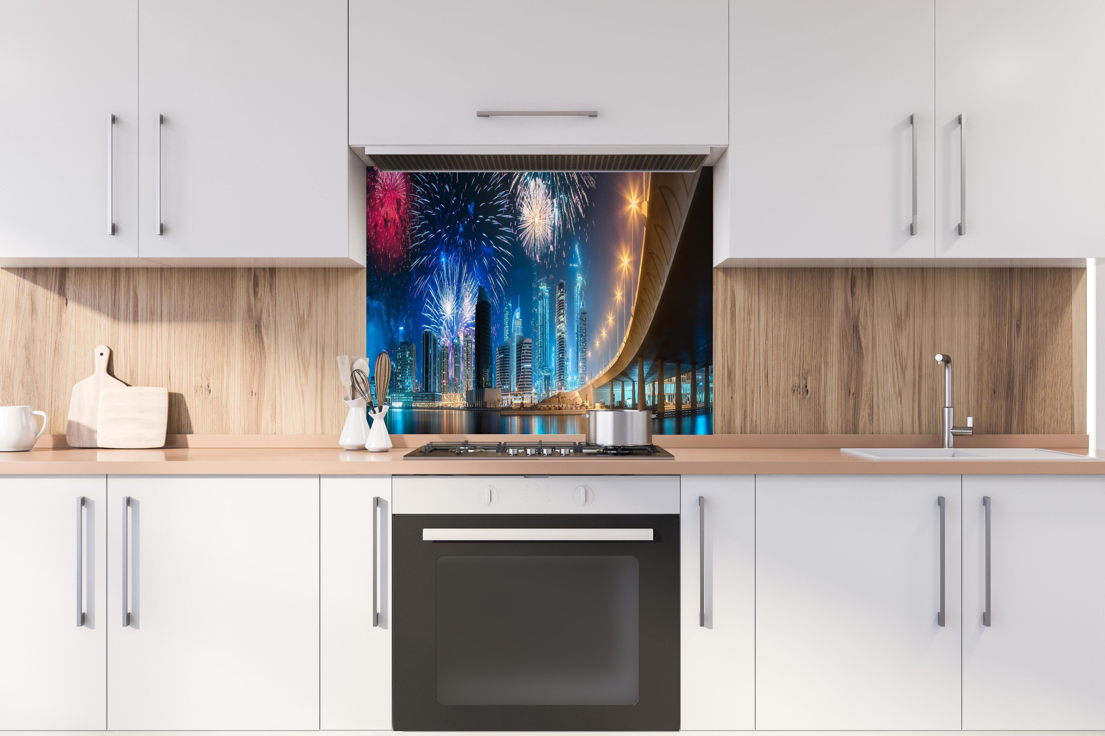 Spritzschutz - Spektakuläres Feuerwerk Dubai Business Bay hinter einem Cerankochfeld zwischen Holz-Kochutensilien