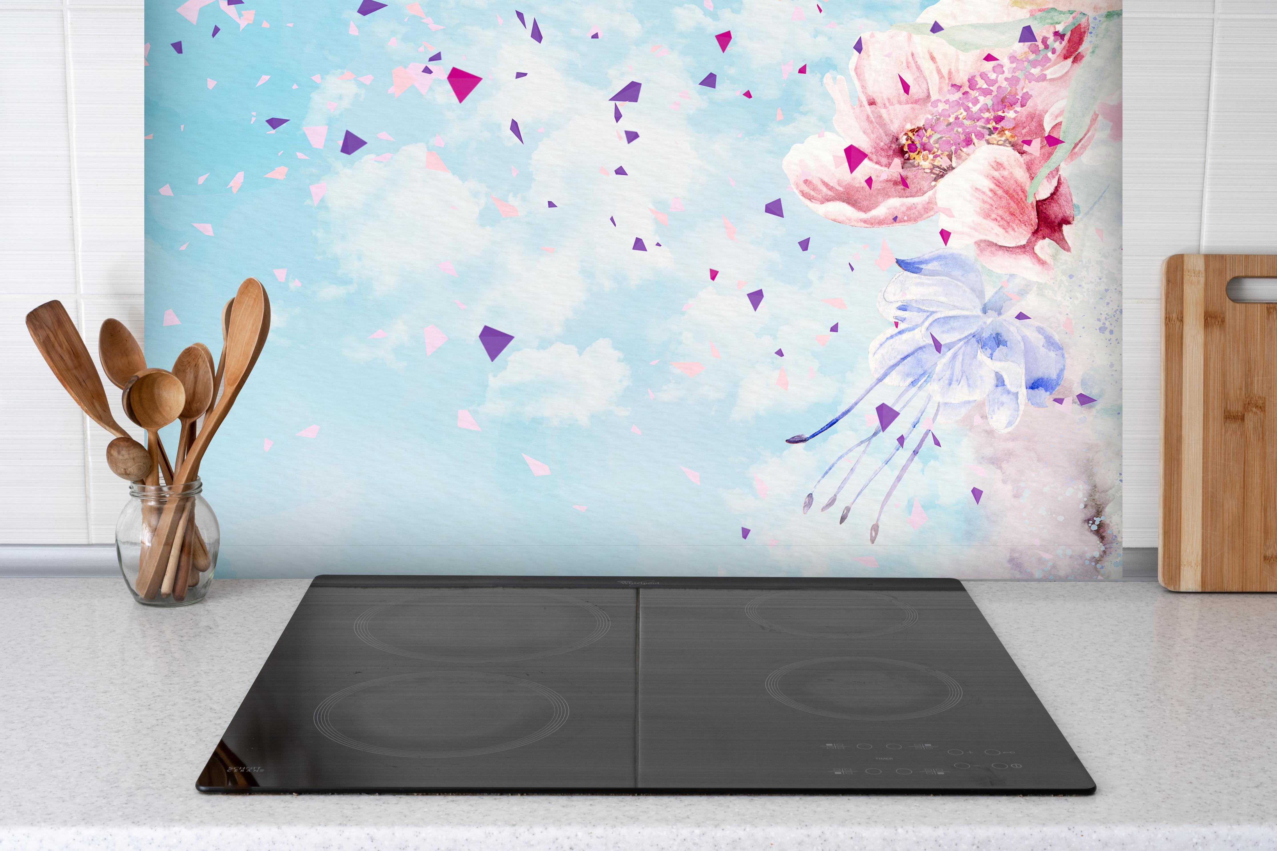 Spritzschutz - Abstraktes frühlings Aquarell einer Frau hinter einem Cerankochfeld zwischen Holz-Kochutensilien