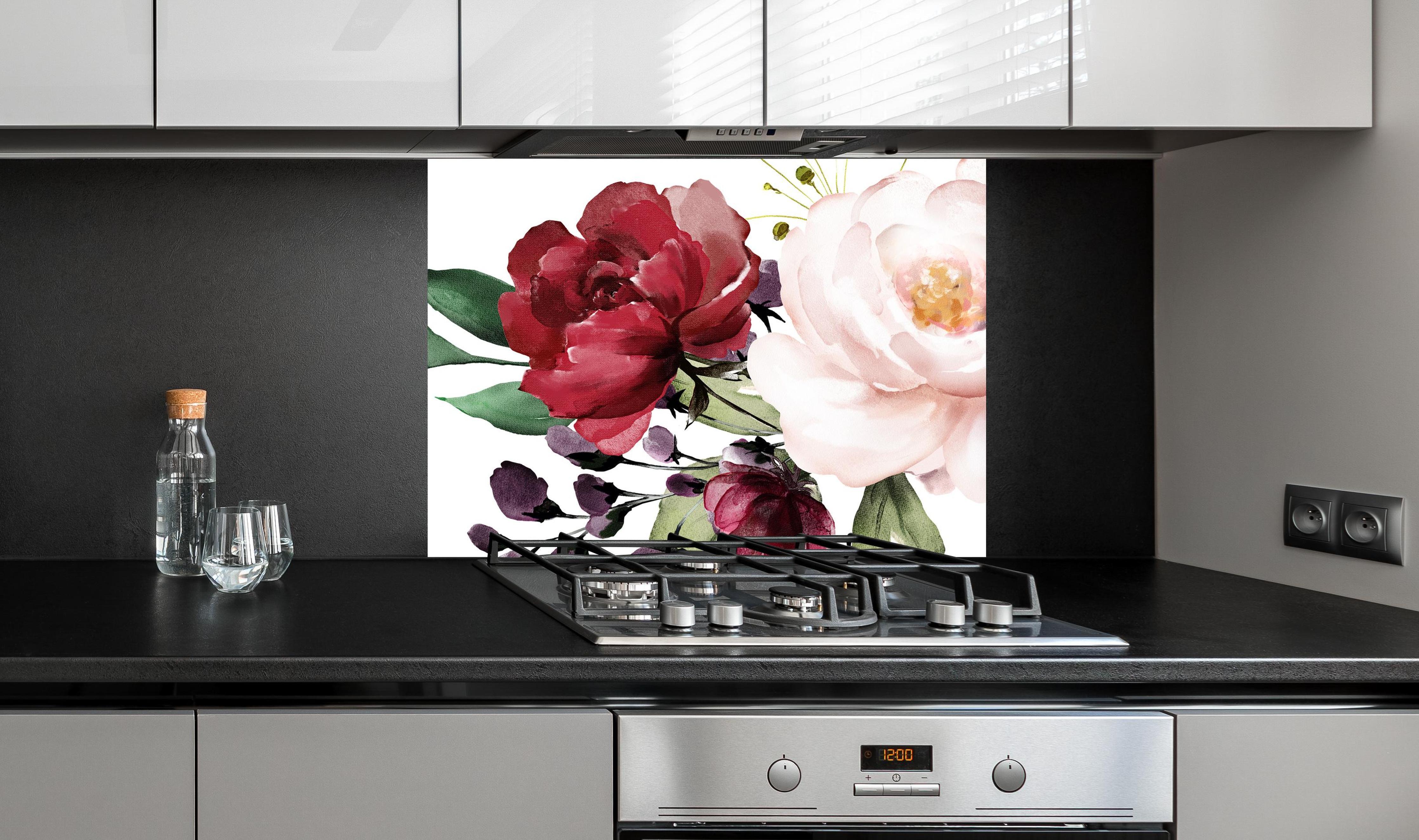 Spritzschutz - Aquarell bordeauxfarbene Blumen an edler Anthrazit-Wand hinter silbernem Gasherd