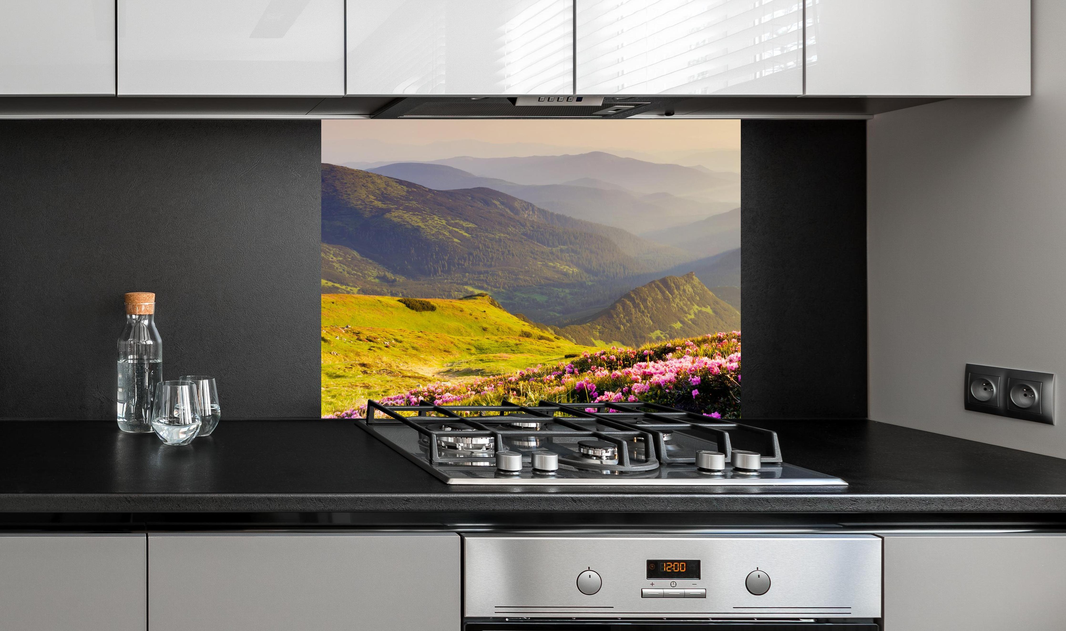 Spritzschutz - ruhige Berglandschaft in der Schweiz an edler Anthrazit-Wand hinter silbernem Gasherd