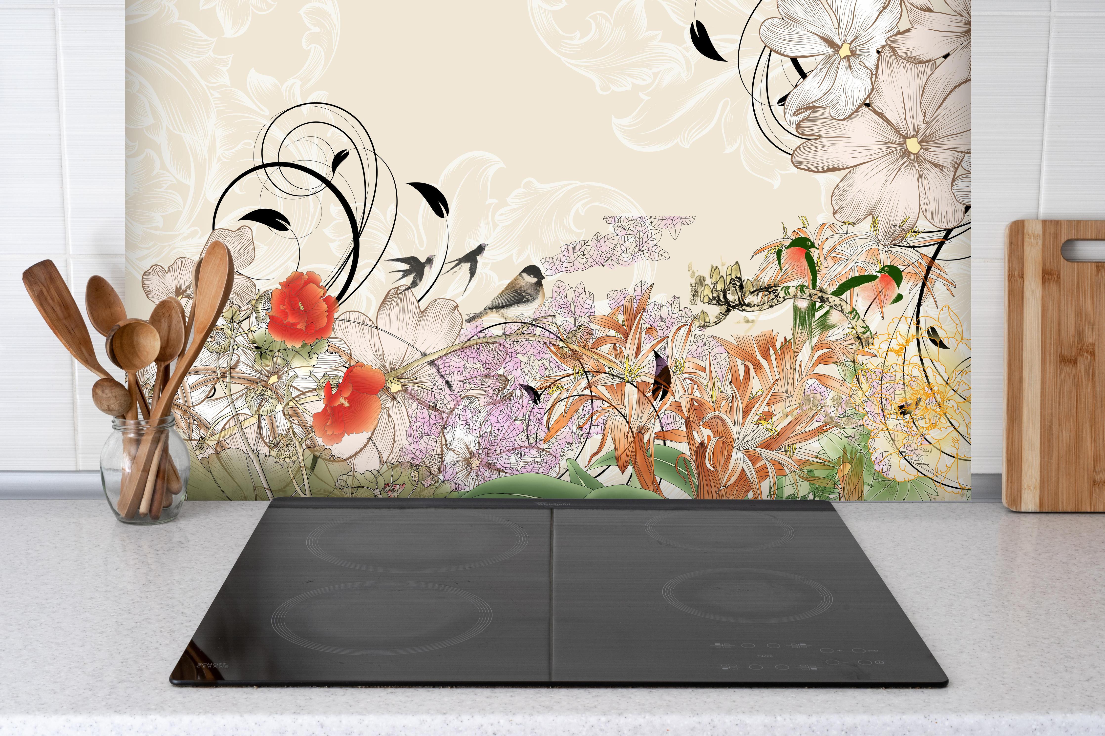 Spritzschutz - Abstrakte Vögel Natur Illustration hinter einem Cerankochfeld zwischen Holz-Kochutensilien