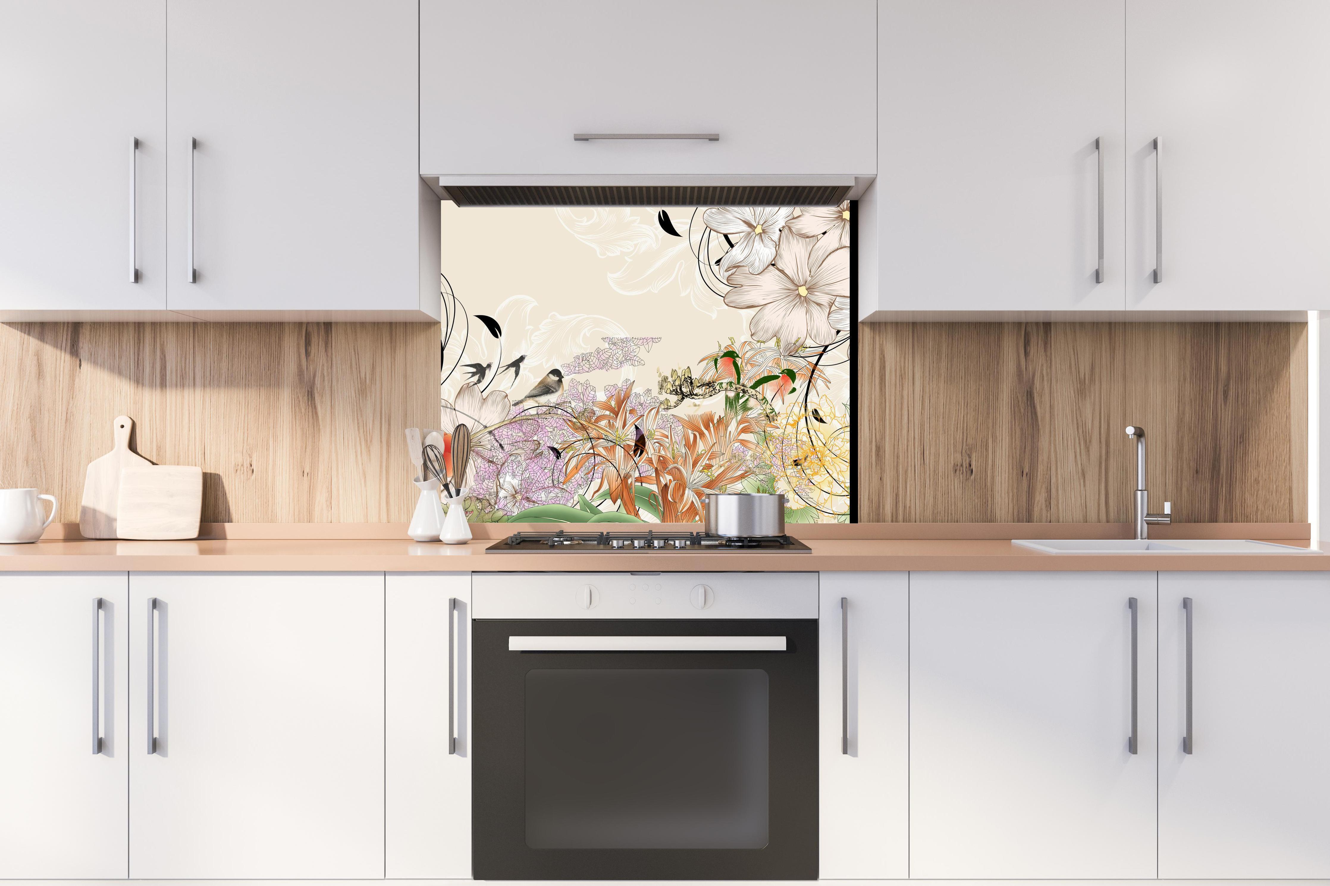 Spritzschutz - Abstrakte Vögel Natur Illustration hinter stilvollem Gasherd unter Dunstabzugshaube