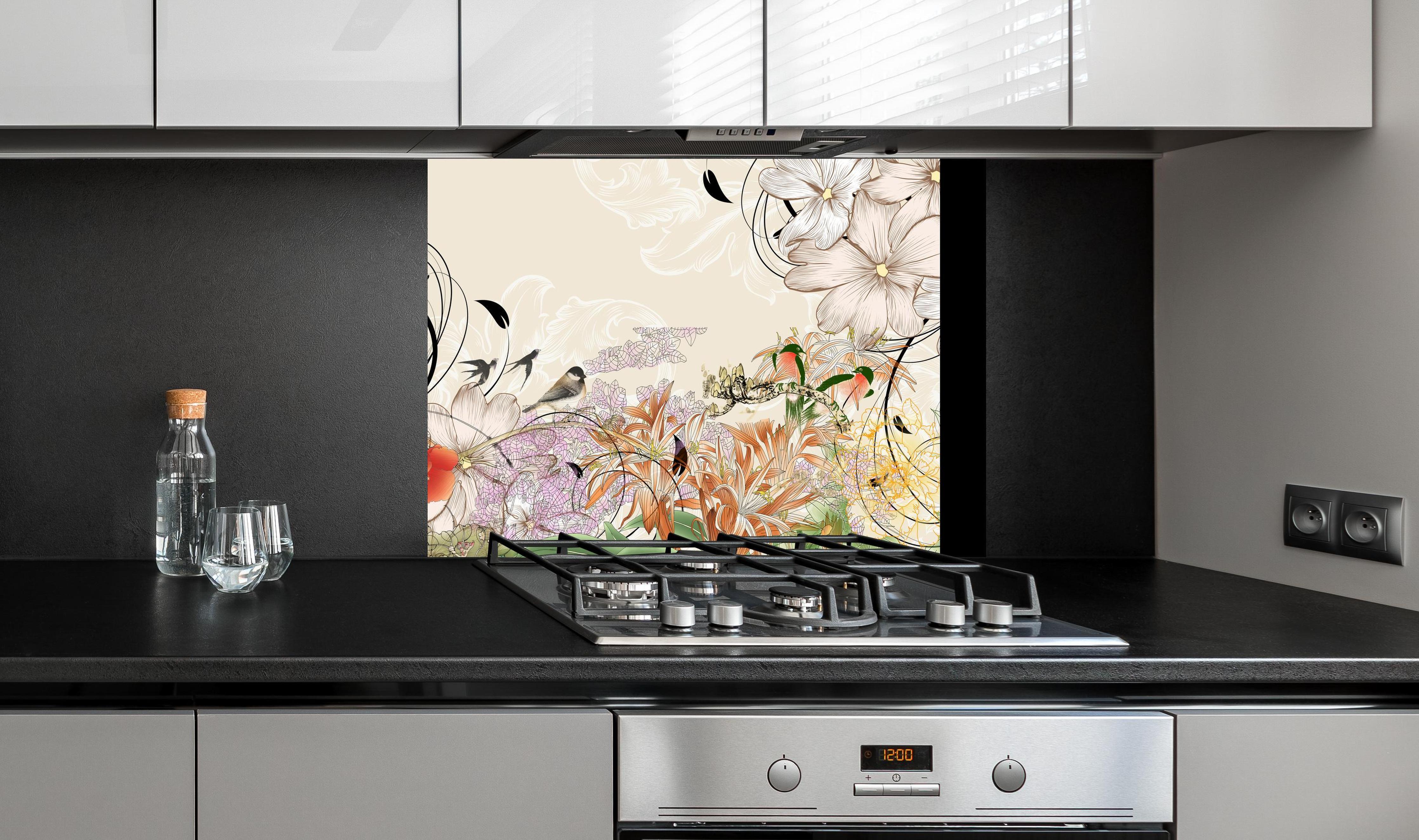 Spritzschutz - Abstrakte Vögel Natur Illustration an edler Anthrazit-Wand hinter silbernem Gasherd