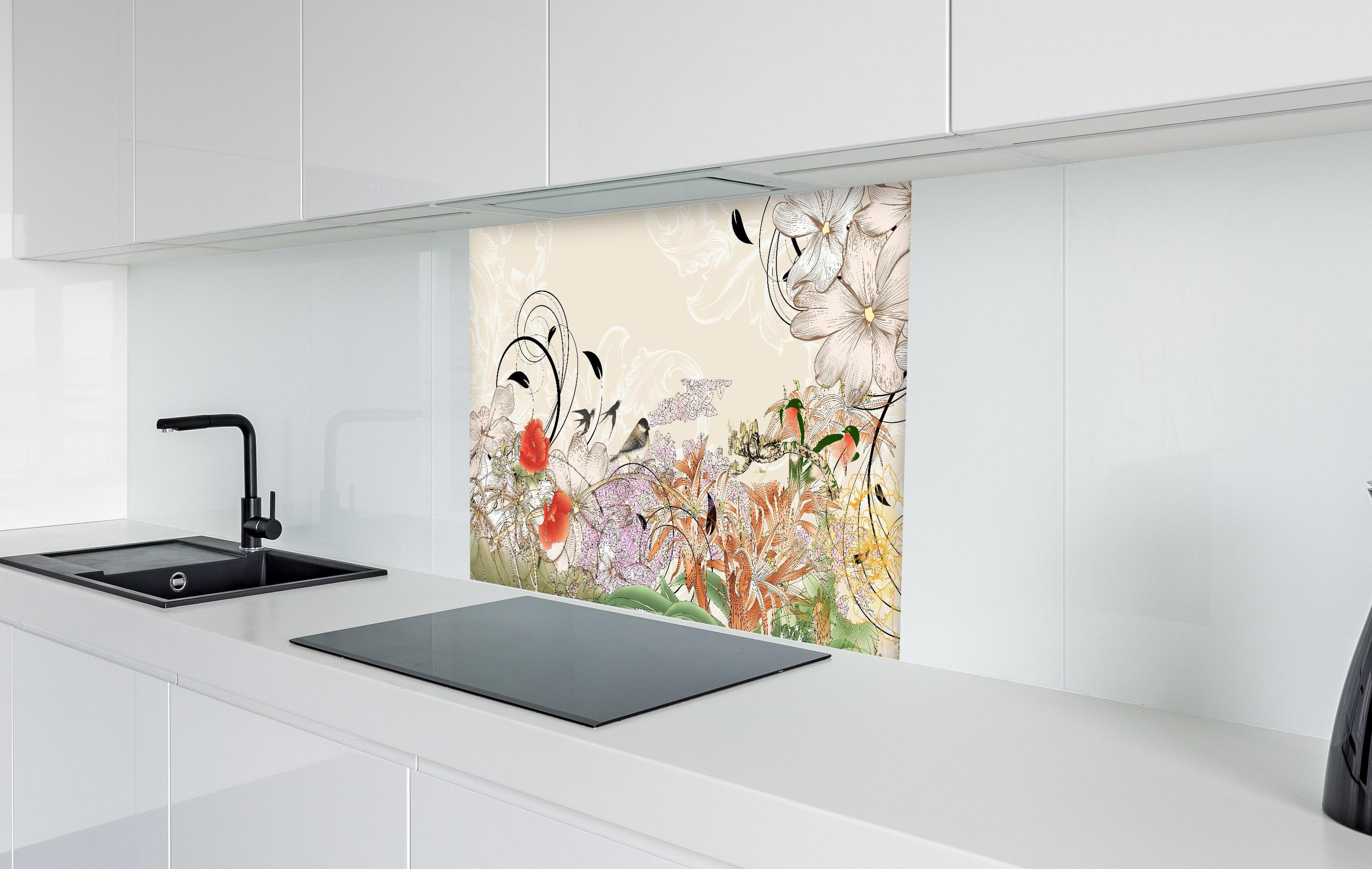Spritzschutz - Abstrakte Vögel Natur Illustration in weißer Hochglanz-Küche hinter einem Cerankochfeld