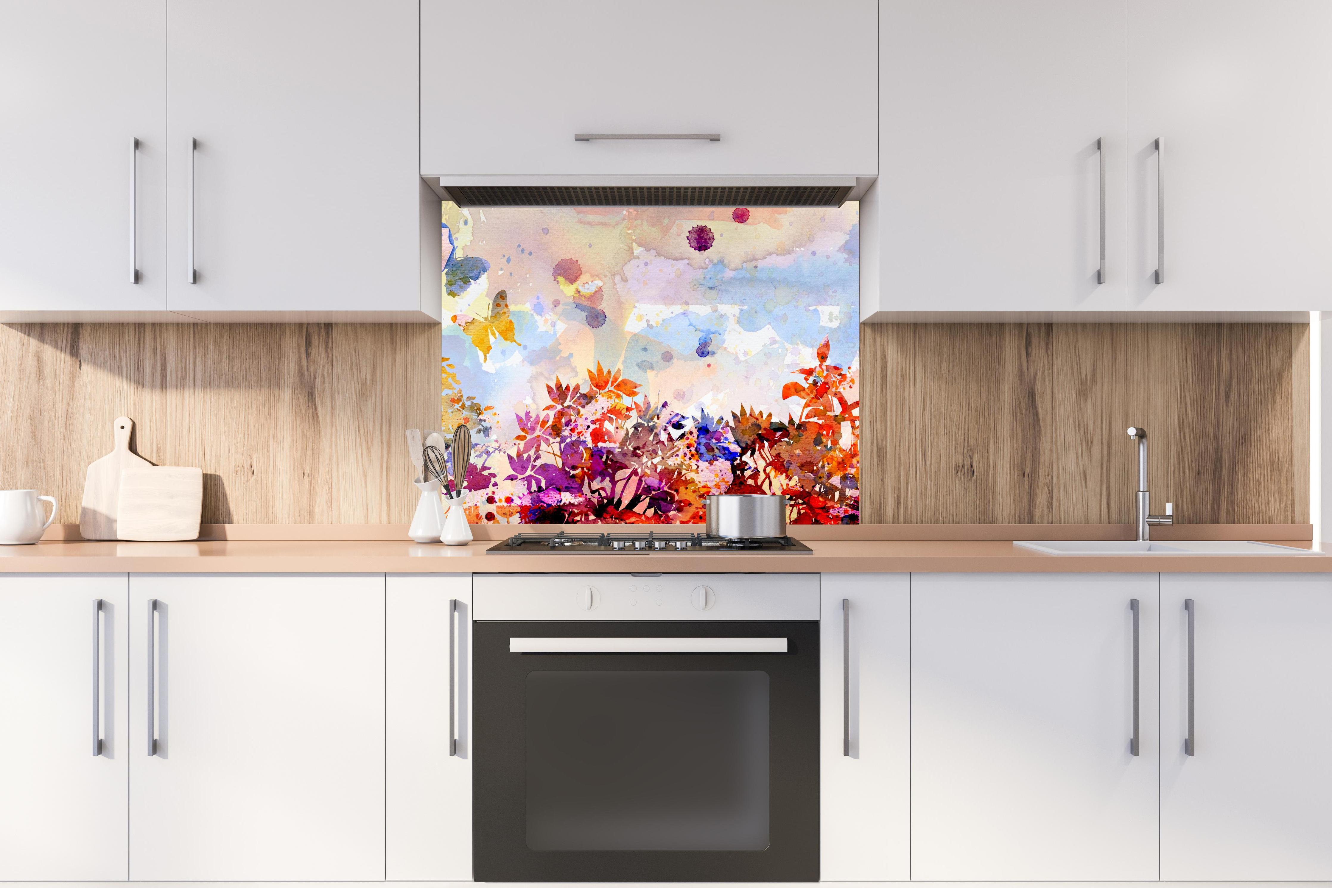 Spritzschutz - Abstraktes Aquarell eines Herbstwaldes hinter stilvollem Gasherd unter Dunstabzugshaube