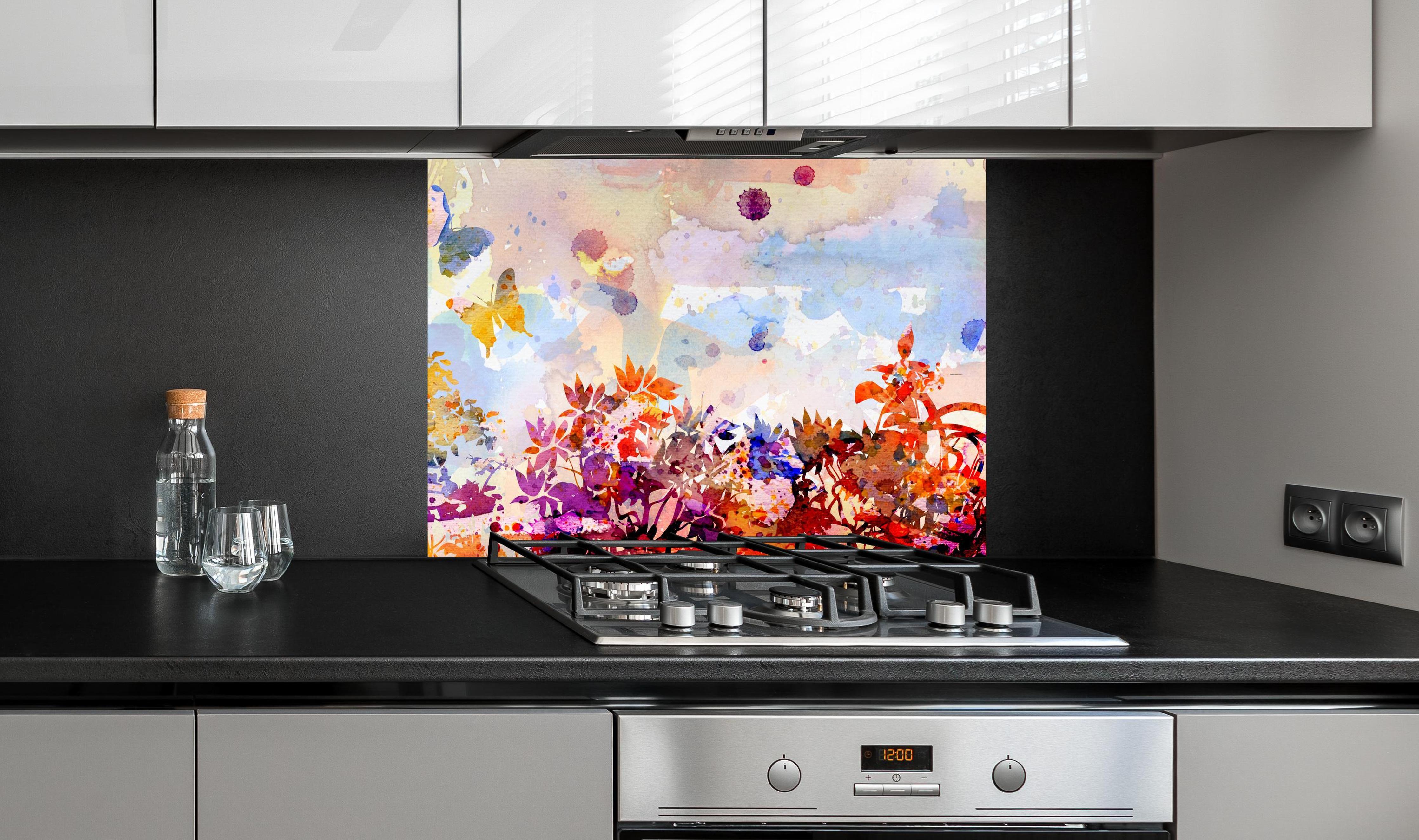 Spritzschutz - Abstraktes Aquarell eines Herbstwaldes an edler Anthrazit-Wand hinter silbernem Gasherd