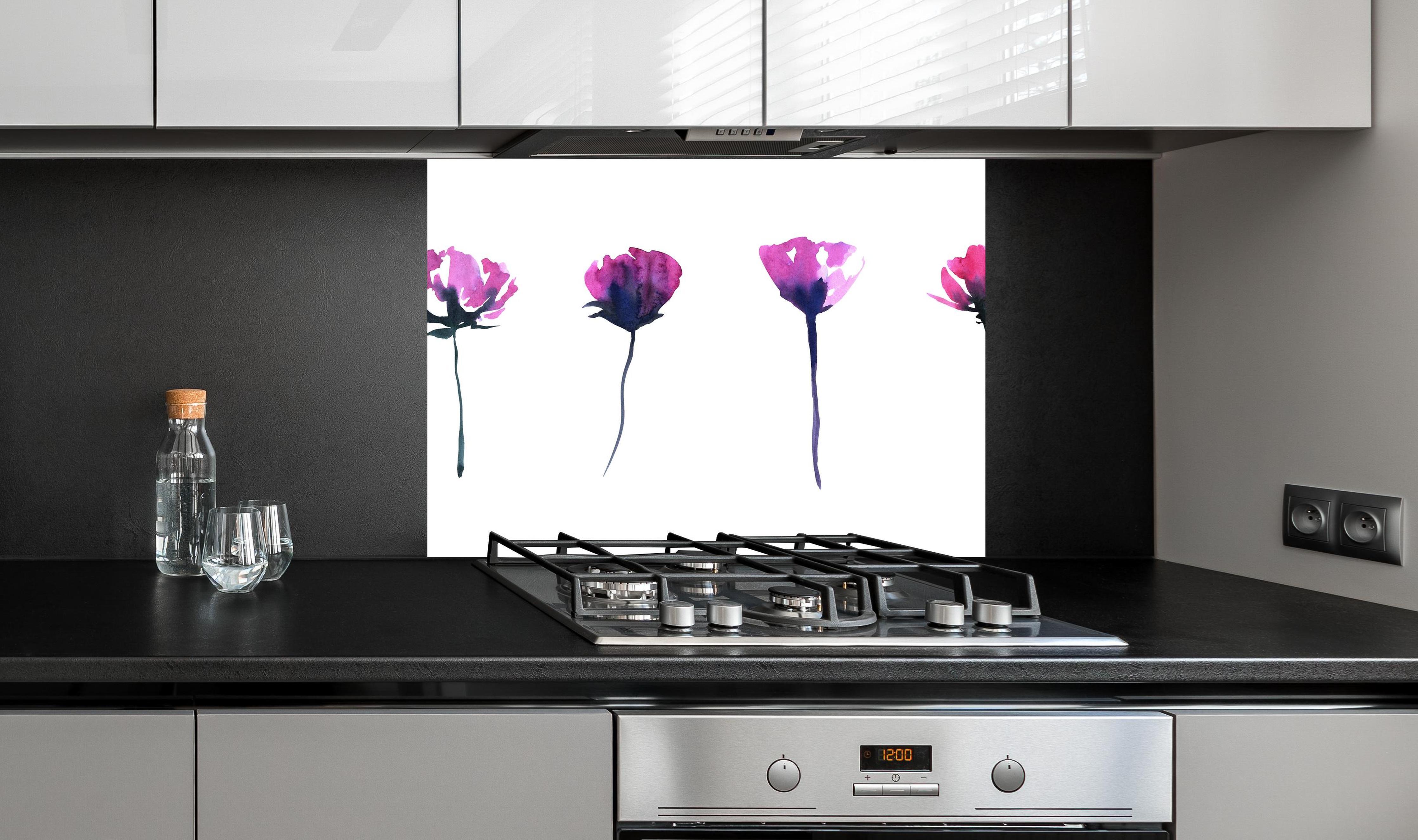 Spritzschutz - Abstraktes modernes Blumenset an edler Anthrazit-Wand hinter silbernem Gasherd