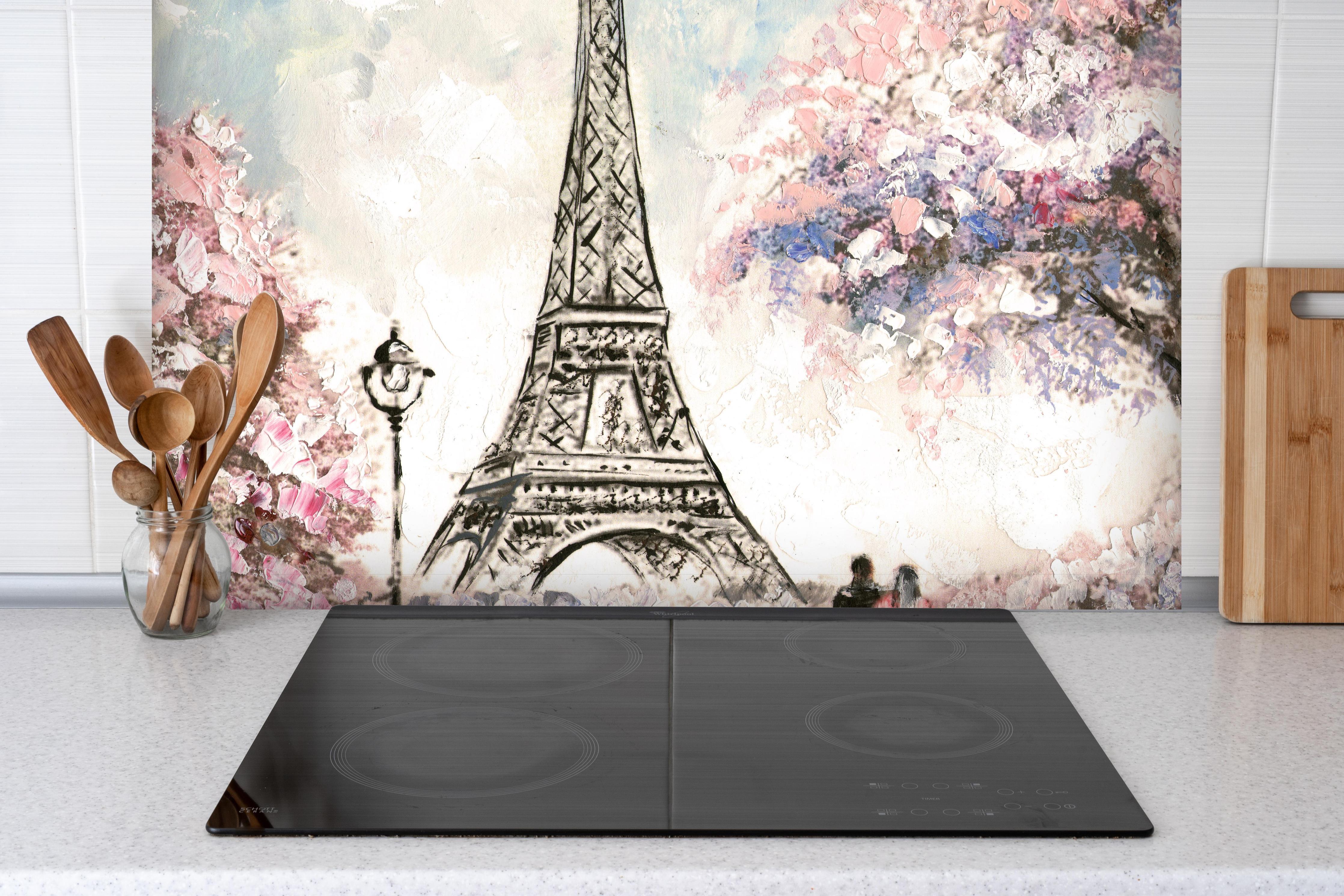 Spritzschutz - Acrylgemälde eines Paares in Paris hinter einem Cerankochfeld zwischen Holz-Kochutensilien