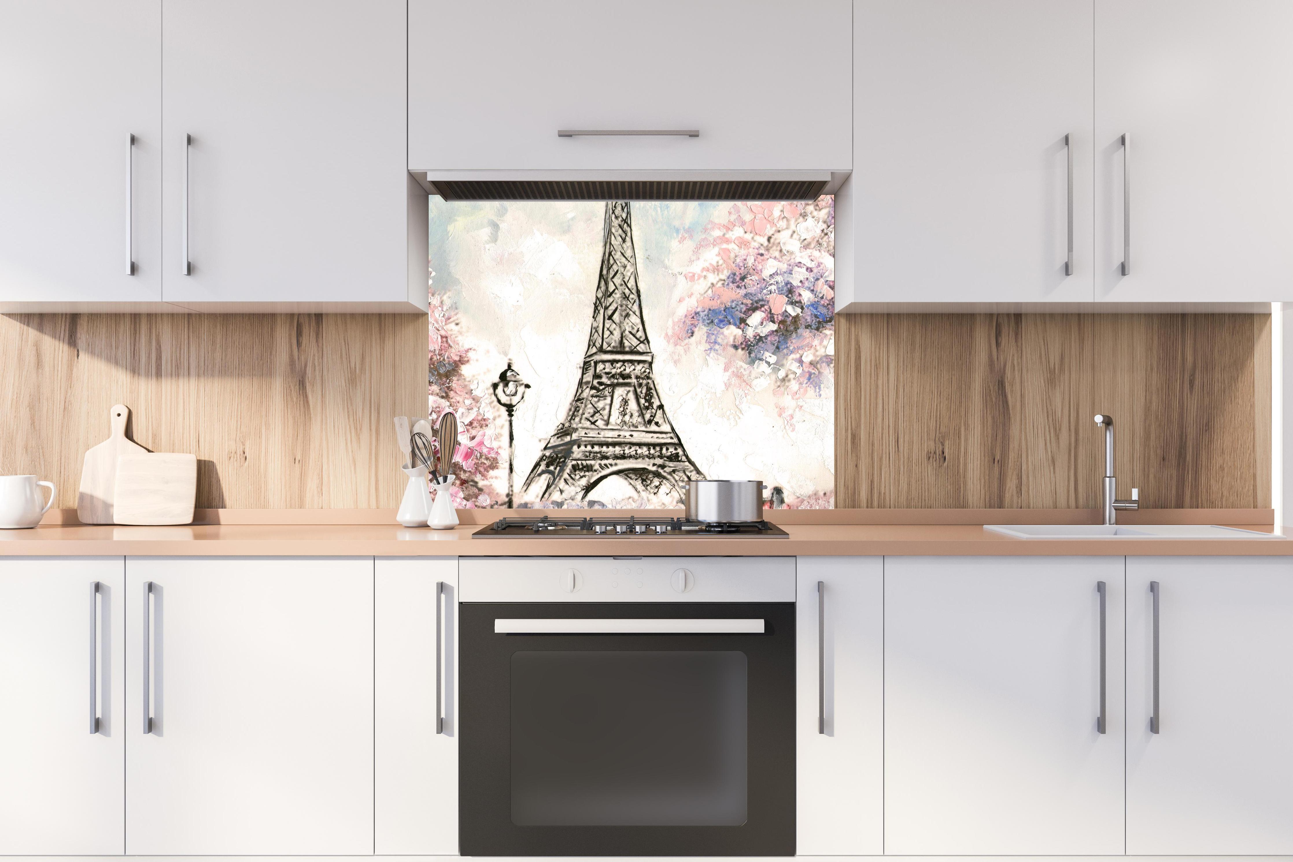 Spritzschutz - Acrylgemälde eines Paares in Paris hinter stilvollem Gasherd unter Dunstabzugshaube