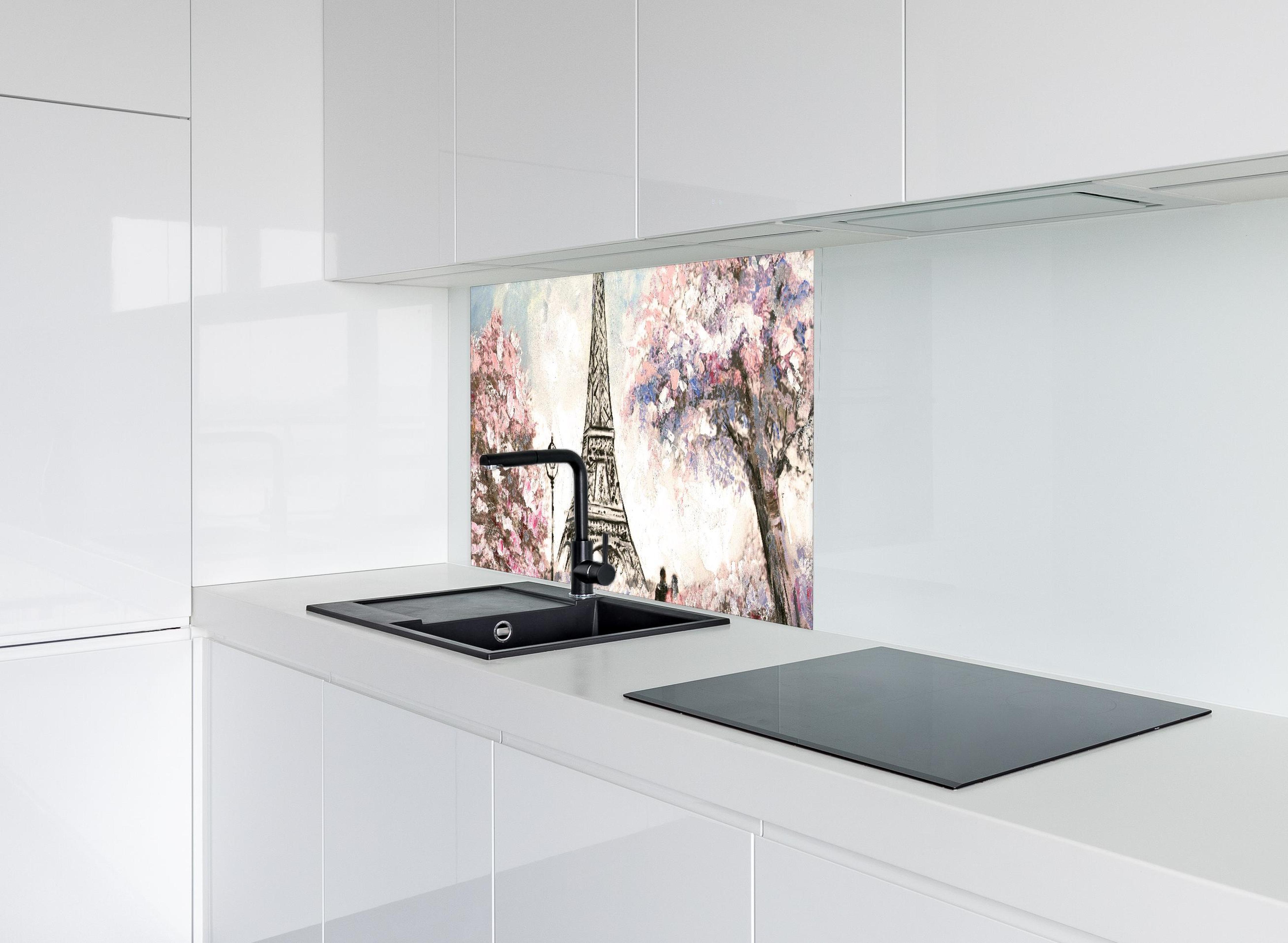 Spritzschutz - Acrylgemälde eines Paares in Paris hinter modernem schwarz-matten Spülbecken in weißer Hochglanz-Küche