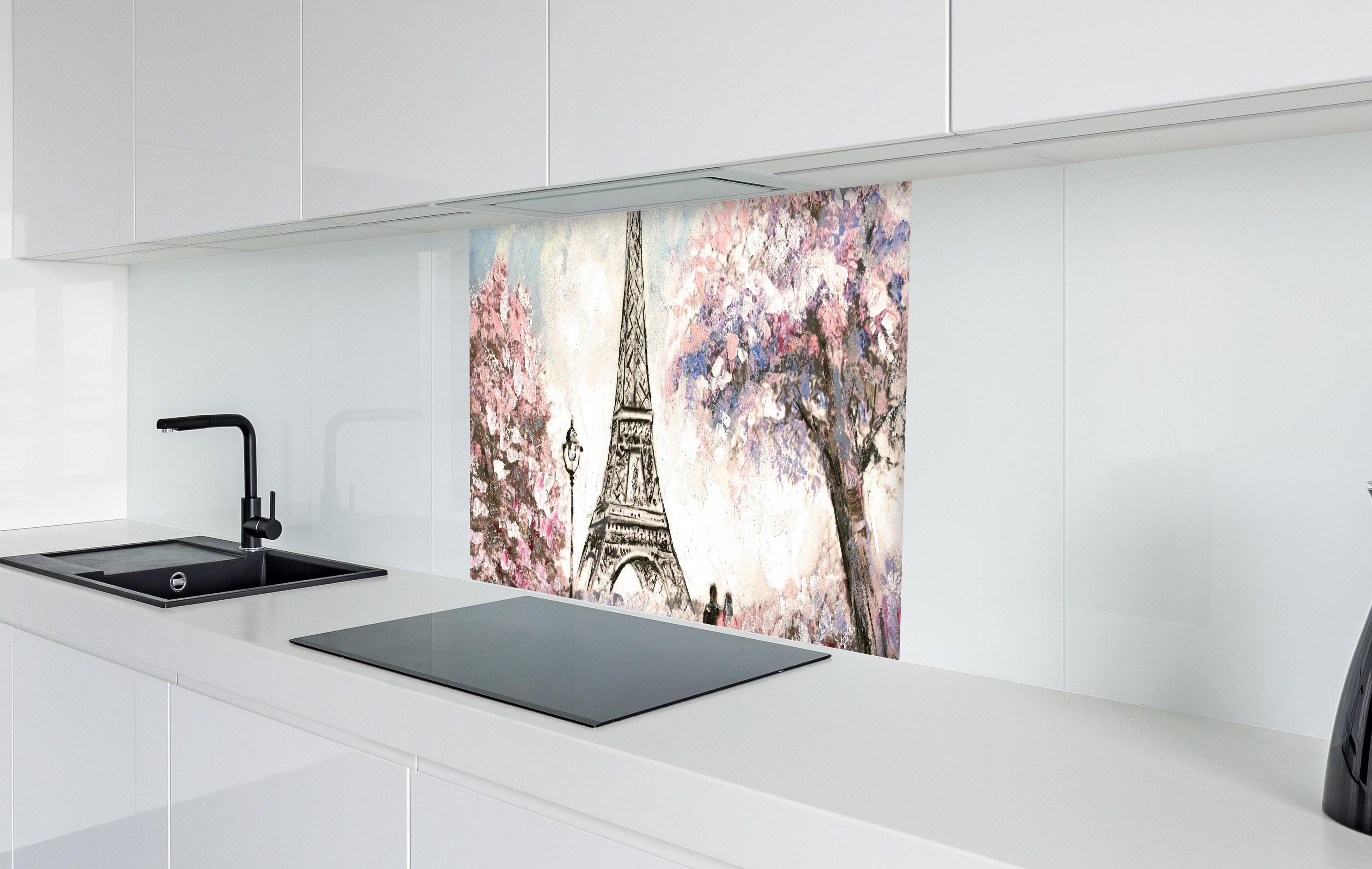 Spritzschutz - Acrylgemälde eines Paares in Paris in weißer Hochglanz-Küche hinter einem Cerankochfeld